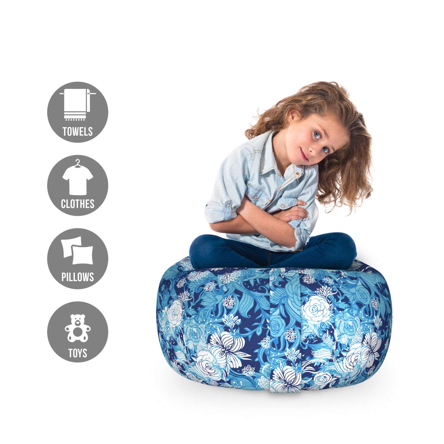 Ambesonne Floral Storage Toy Bag Chair - Blue Roses Pattern, Washable Stuffed Animal Organizer for Kids' Room, Small Size Sky Blue - Perfect for Nursery, Playroom & Bedroom Organization