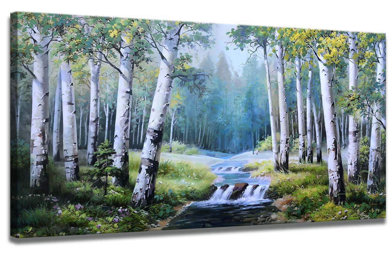 Modern Abstract Landscape Canvas Wall Art - Birch Trees, Teal Mountain River Painting 24