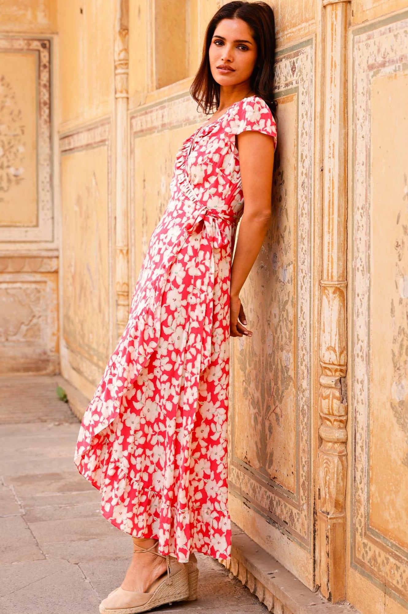 Demi EcoVero™ Wrap Dress - Sustainable Viscose Blossom Pink & Cream Floral Print | Women's Summer Casual Dress for Beach, Wedding & Office Wear