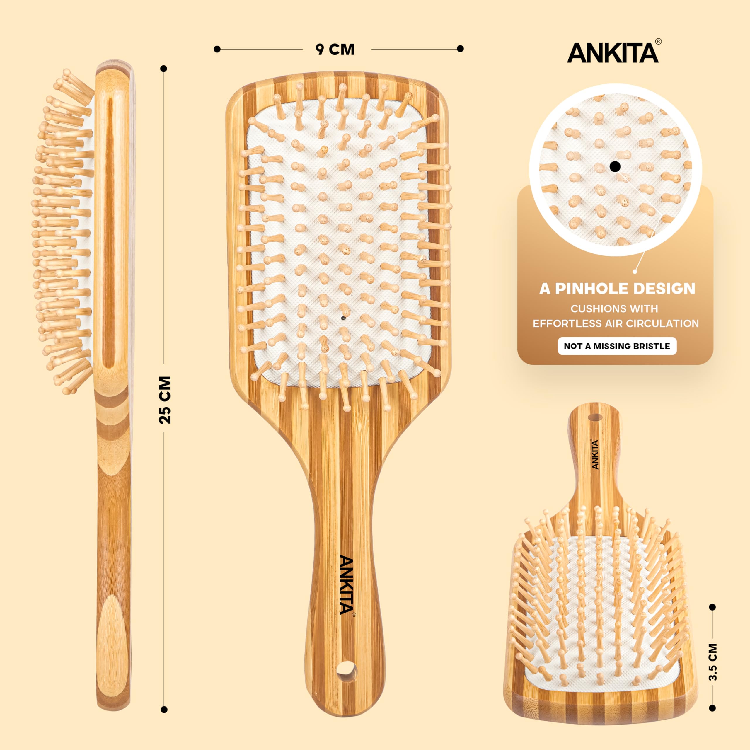 Ankita Bamboo Wood Paddle Hair Brush with Natural Bamboo Bristles - Gentle Detangling & Smoothing Hair Brush for Men & Women - Perfect for Daily Hair Care, Styling & Scalp Massage at Home or Travel