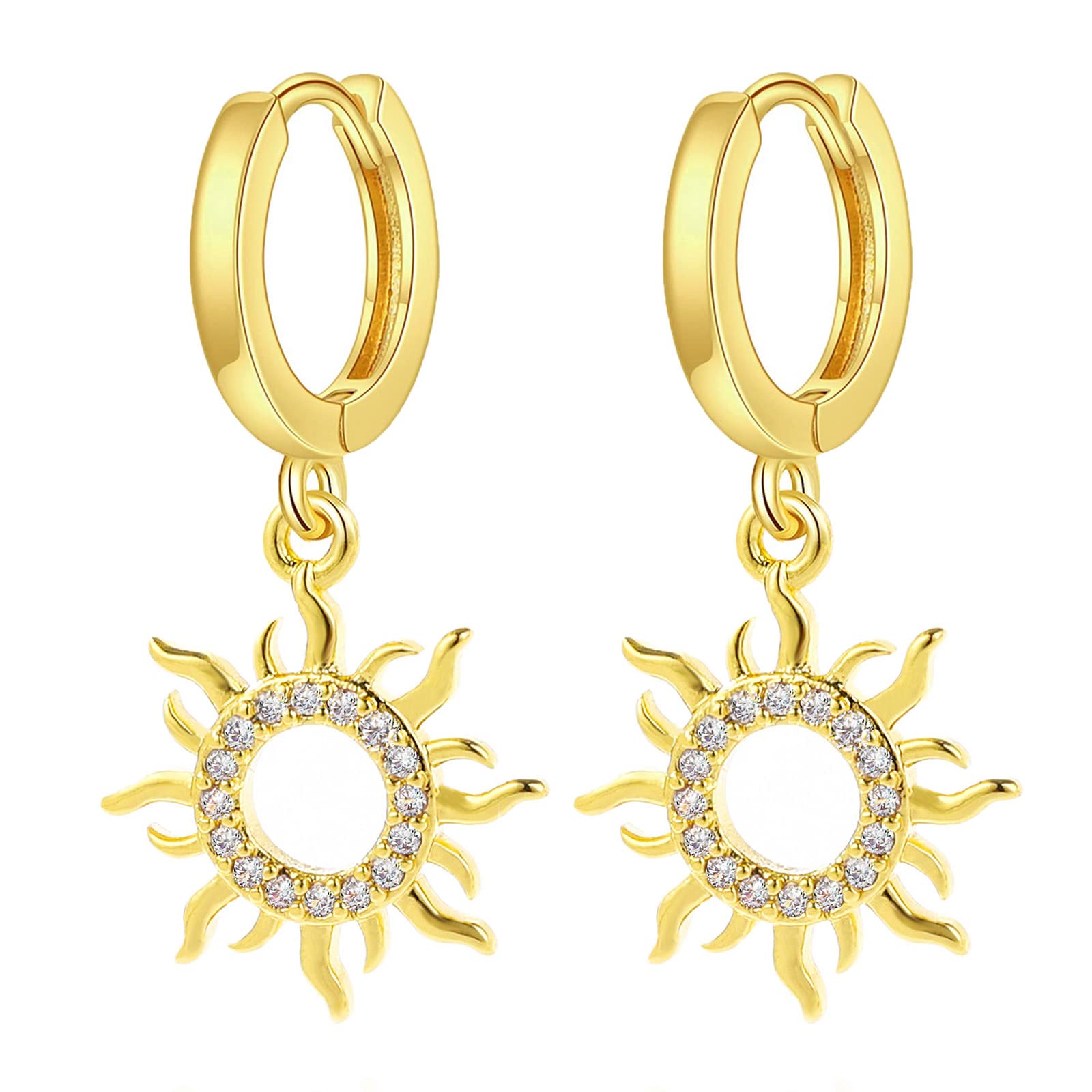 14K Gold Plated Sun Charm Dangle Huggie Hoop Earrings for Women - Hypoallergenic CZ Drop Statement Earrings - Trendy Dainty Nap Earrings for Everyday Wear, Date Night & Special Occasions