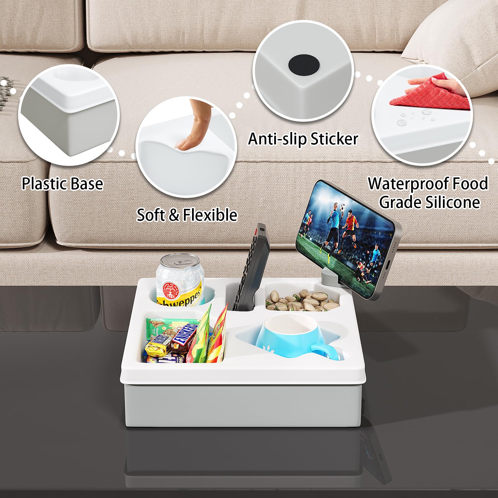 Rotatable Couch Caddy with Phone Holder & Cup Tray - Multi-Functional Sofa Organizer for Bed, Living Room - Waterproof Drink Holder for Snacks, Beverages, Remote & Cellphone (White) - Perfect for Movie Nights, Relaxing & Home Entertainment