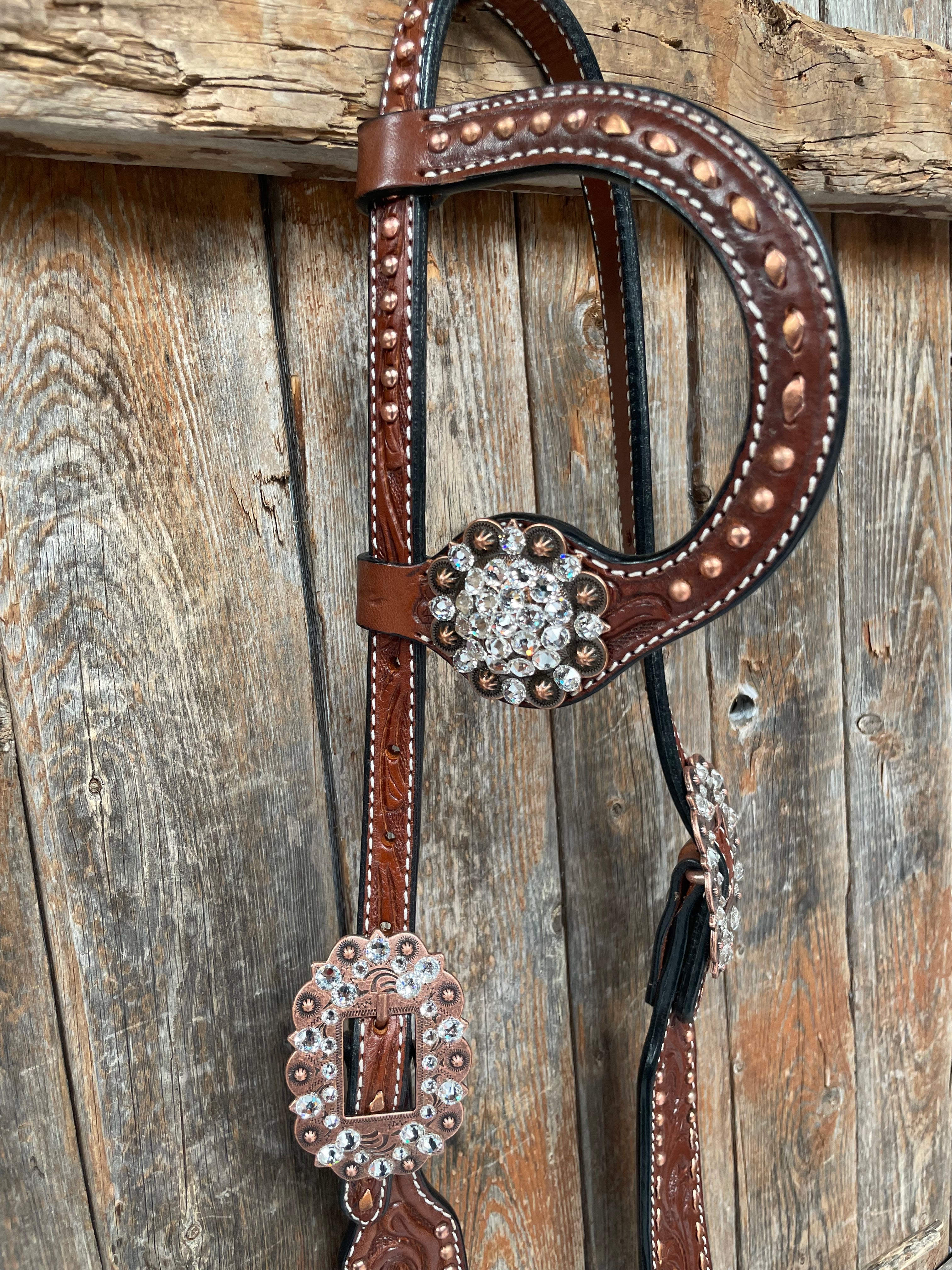 Premium Medium Oil Copper Buckstitch Clear One Ear & Breastcollar Tack Set #OEBC450 – Perfect for Western Riding, Horse Shows & Trail Riding