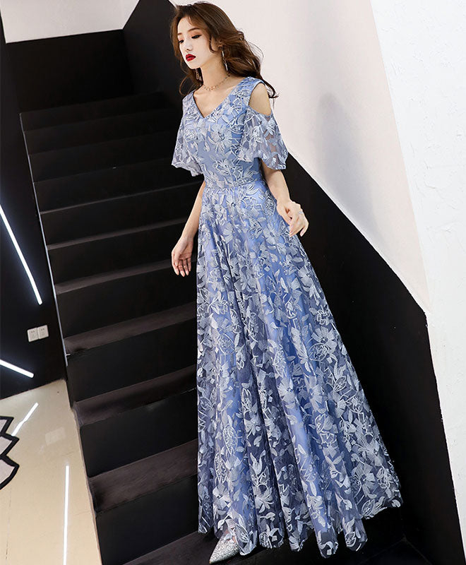 Elegant Blue V-Neck Lace Long Prom Dress for Women - Formal Evening Gown for Homecoming, Wedding, and Special Occasions
