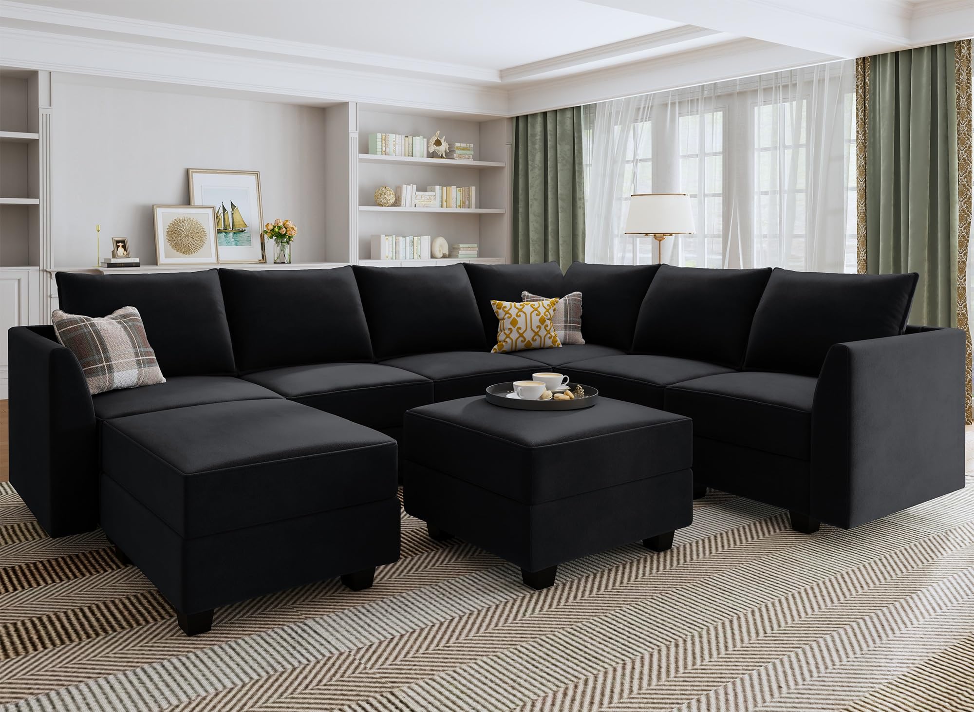 HONBAY Convertible Sectional Sofa Modular Couch with Reversible Chaise - Velvet U-Shaped Sleeper Sofa Set with Storage Ottoman, Black - Perfect for Living Room, Home Theater & Small Spaces
