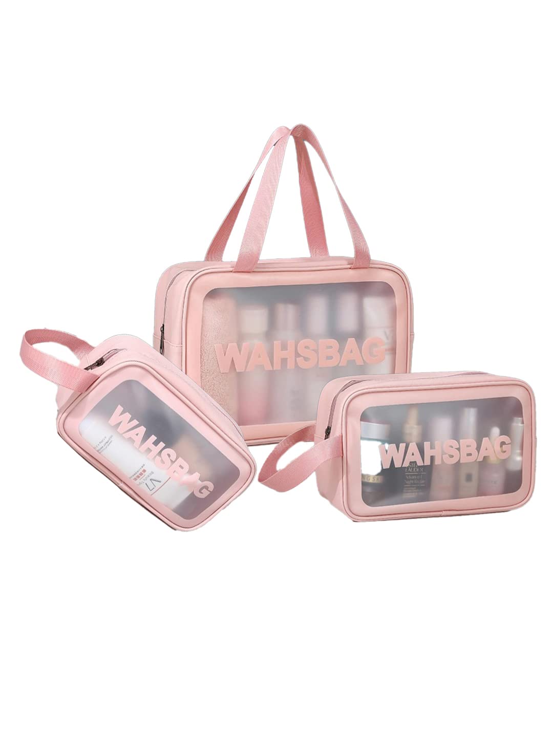 Amso Waterproof PVC Cosmetic Bag Set of 3 - Travel Makeup Organizer for Brushes, Toiletries & Accessories - Pink Zippered Portable Pouch for Home, Gym & Vacation Essentials