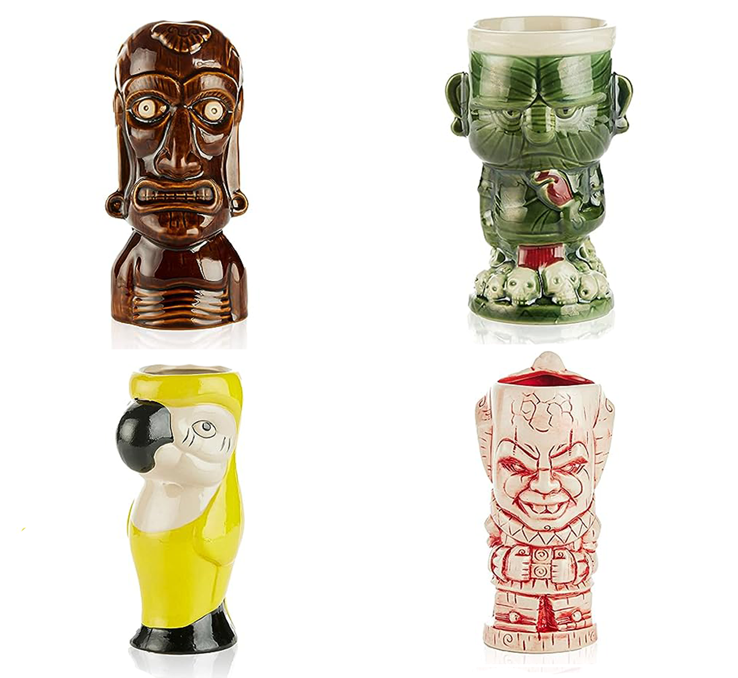 Hawaiian Luau Tiki Mug Set of 4 - Handcrafted Ceramic Tropical Drink Cups for Cocktails, Smoothies & Party Decor - Perfect for Beach Themed Parties, Summer BBQs & Tiki Bar Decorations
