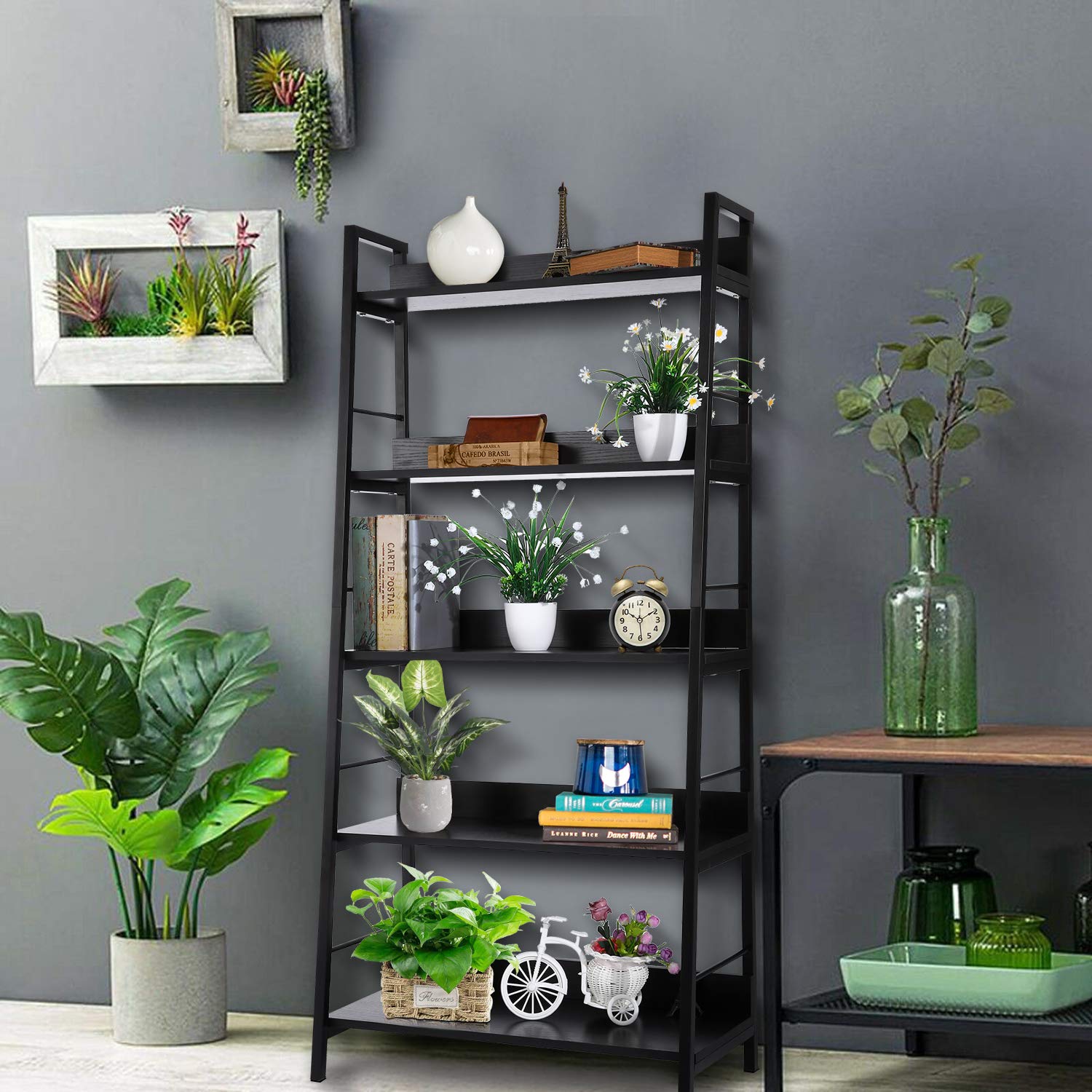 Homdox 5-Tier Industrial Ladder Shelf - Wood & Metal Bookcase, Plant Stand, Storage Shelves for Home, Office & Living Room Decor | Perfect for Books, Plants & Display Organizing