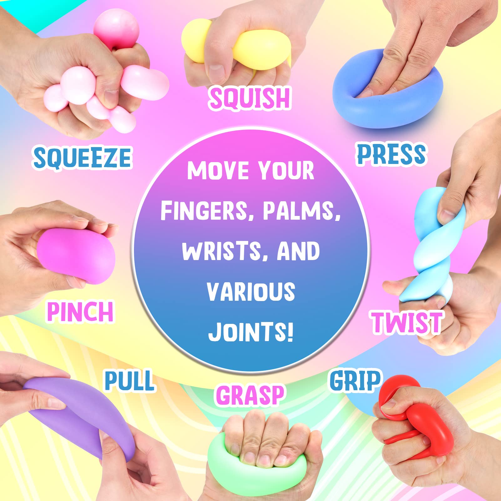 24 Pack Slow Rising Stress Balls - Stretchy Fidget Toys for Anxiety Relief & Hand Therapy | Sensory Squishy Stress Relief Balls for Students, Office Workers & Classroom Prizes | Perfect for Stress Management, Focus Improvement and Sensory Play