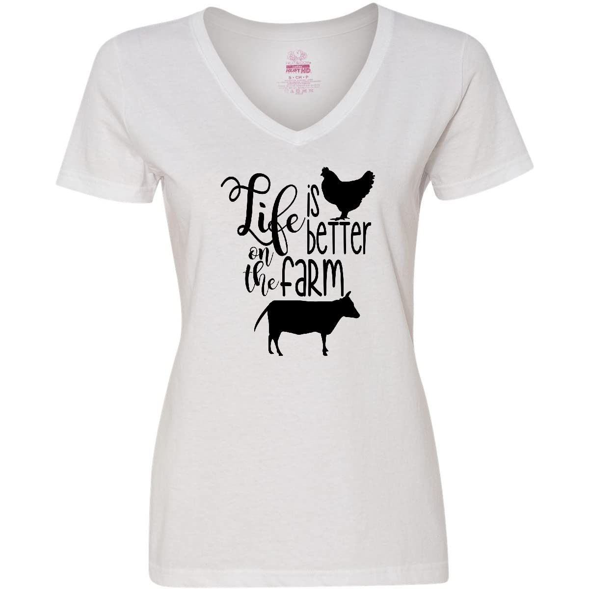 Life is Better on The Farm Chicken and Cow Women's V-Neck T-Shirt - Cute Farm Animal Graphic Tee for Women - Perfect for Casual Wear, Farm Visits & Countryside Outfits