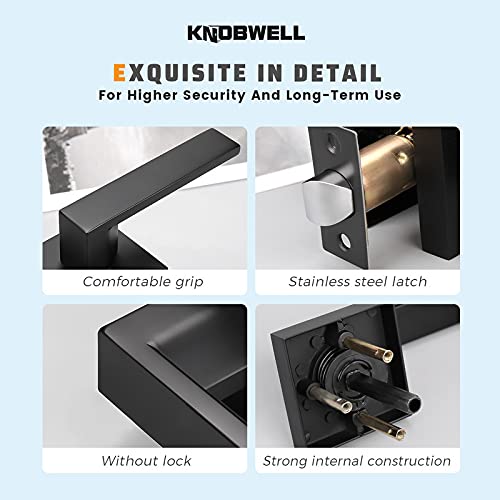 KNOBWELL 4 Pack Modern Square Door Handles - Matte Black Interior Passage Door Knob Set (No Lock/Key) - Perfect for Bedrooms, Bathrooms & Closets