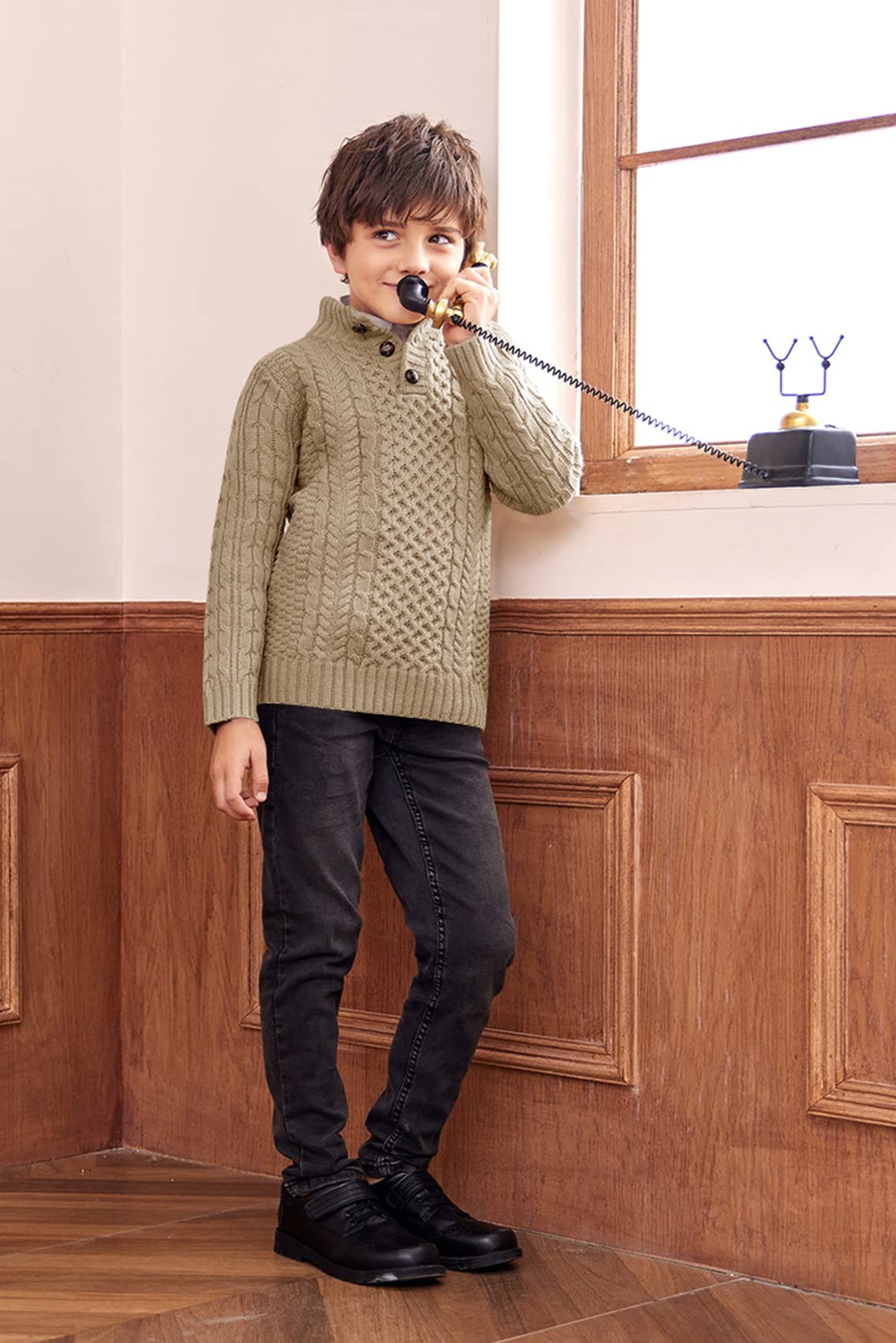 Makkrom Boys' Mock Neck Pullover Sweater - Long Sleeve Cable Knit Button Jumper for Kids - Warm Winter Outfit for School & Outdoor Activities