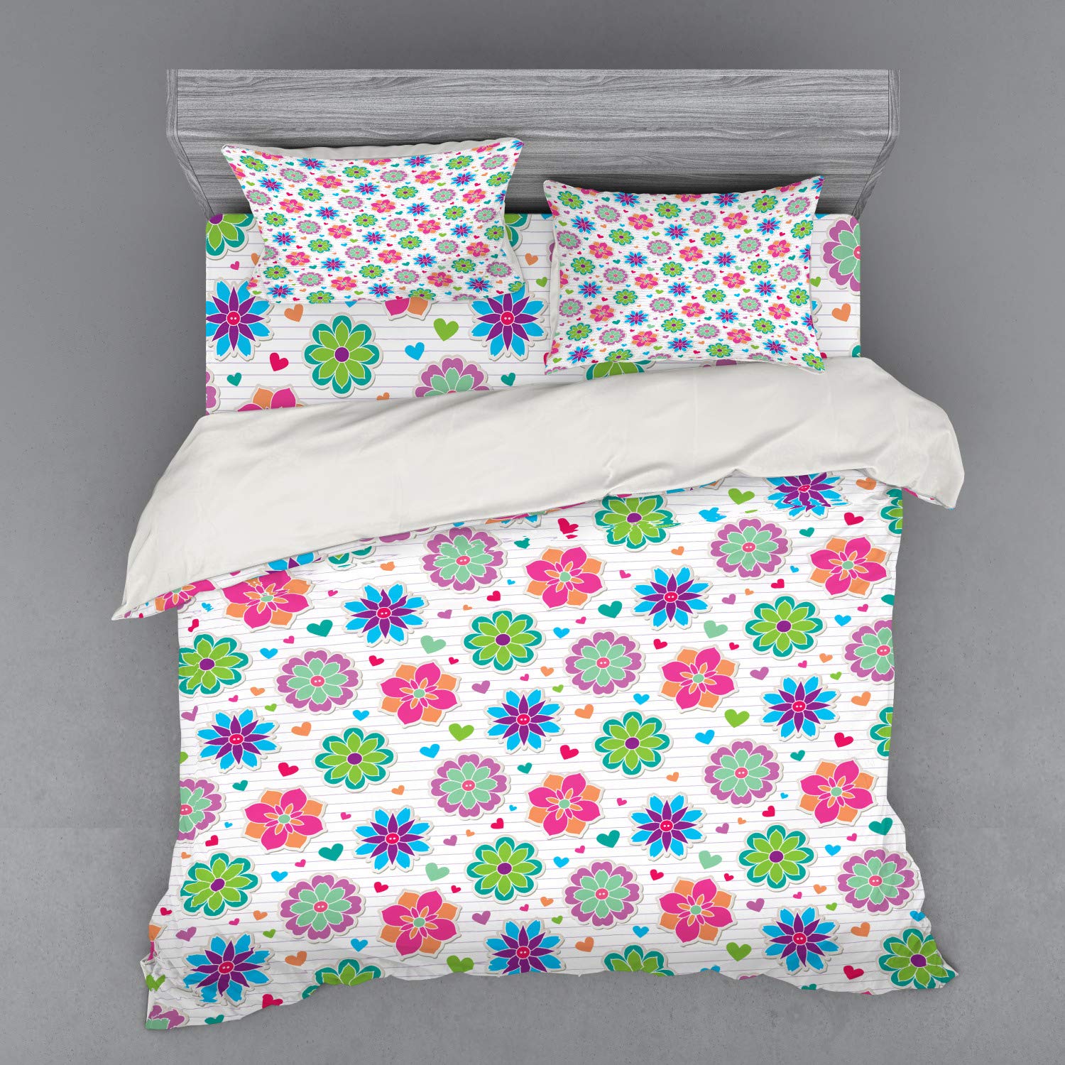 Ambesonne Retro Duvet Cover Set - Vibrant Chamomile Flowers & Hearts Design, 4-Piece King Size Bedding with Shams & Fitted Sheet - Perfect for Vintage Bedroom Decor & Bohemian Style Homes