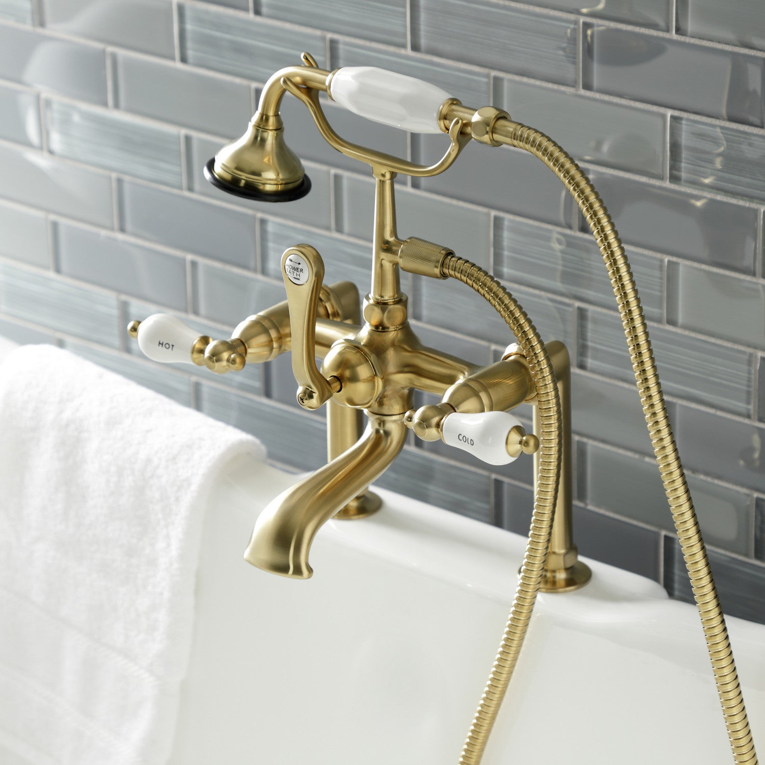 Vintage Clawfoot Tub Faucet with Hand Shower - 3-Handle 2-Hole Deck Mount in Brushed Brass for Bathroom & Spa Relaxation | Aqua AE107T7