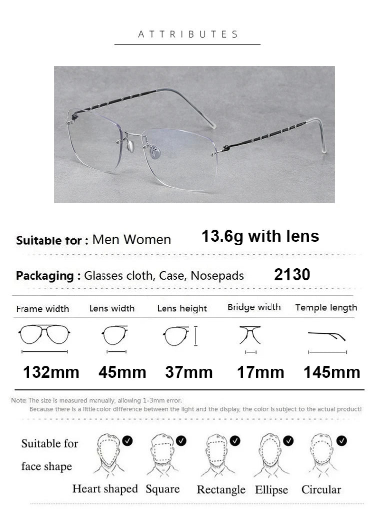 Aimee Unisex Rimless Square Titanium Eyeglasses 2130 - Lightweight Durable Frame for Men & Women - Perfect for Reading, Work, and Everyday Wear