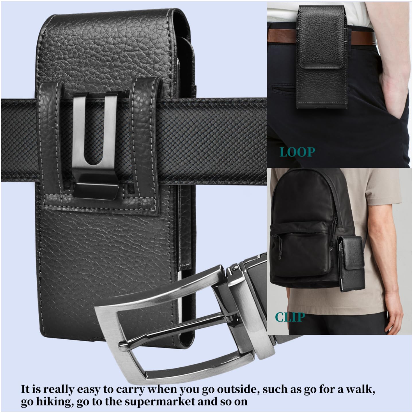 EBIZCITY Leather Phone Belt Holster Pouch for Samsung, Motorola, Xiaomi, Huawei & iPhone 15 Max - Adjustable Belt Buckle Cell Phone Holder for Men & Women - Perfect for Work, Hiking, Travel & Outdoor Activities