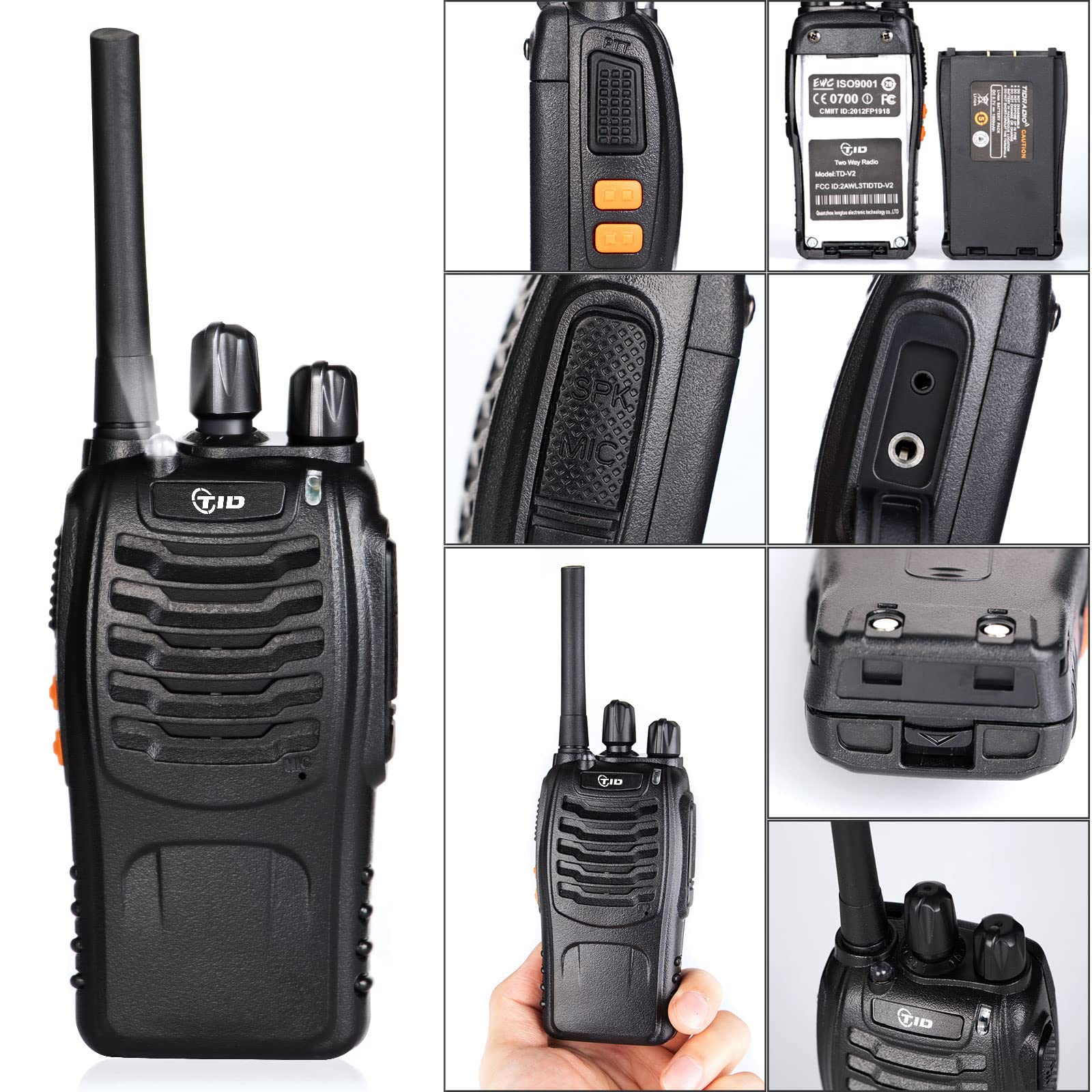 TID TD-V2 Long Range Walkie Talkies for Adults - 2 Way Radios with Earpiece, Rechargeable Battery & Flashlight (4 Pack) - Perfect for Business Communication, Outdoor Adventures & Family Activities