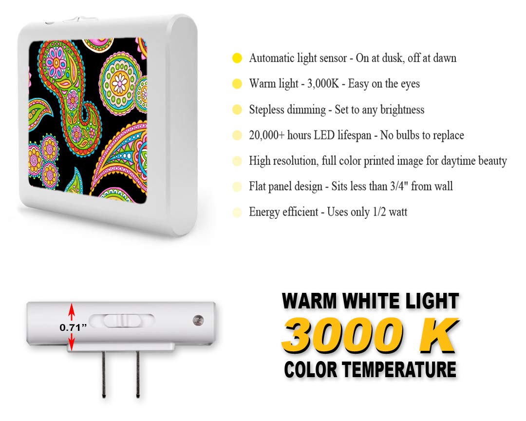 Dimmable LED Night Light with Auto On/Off Sensor - Adjustable Brightness Warm White Light for Bathroom, Hallway, Nursery & Bedroom - Rainbow Paisley Design by Dan Morris - Perfect for Safe Nighttime Navigation and Kids' Rooms