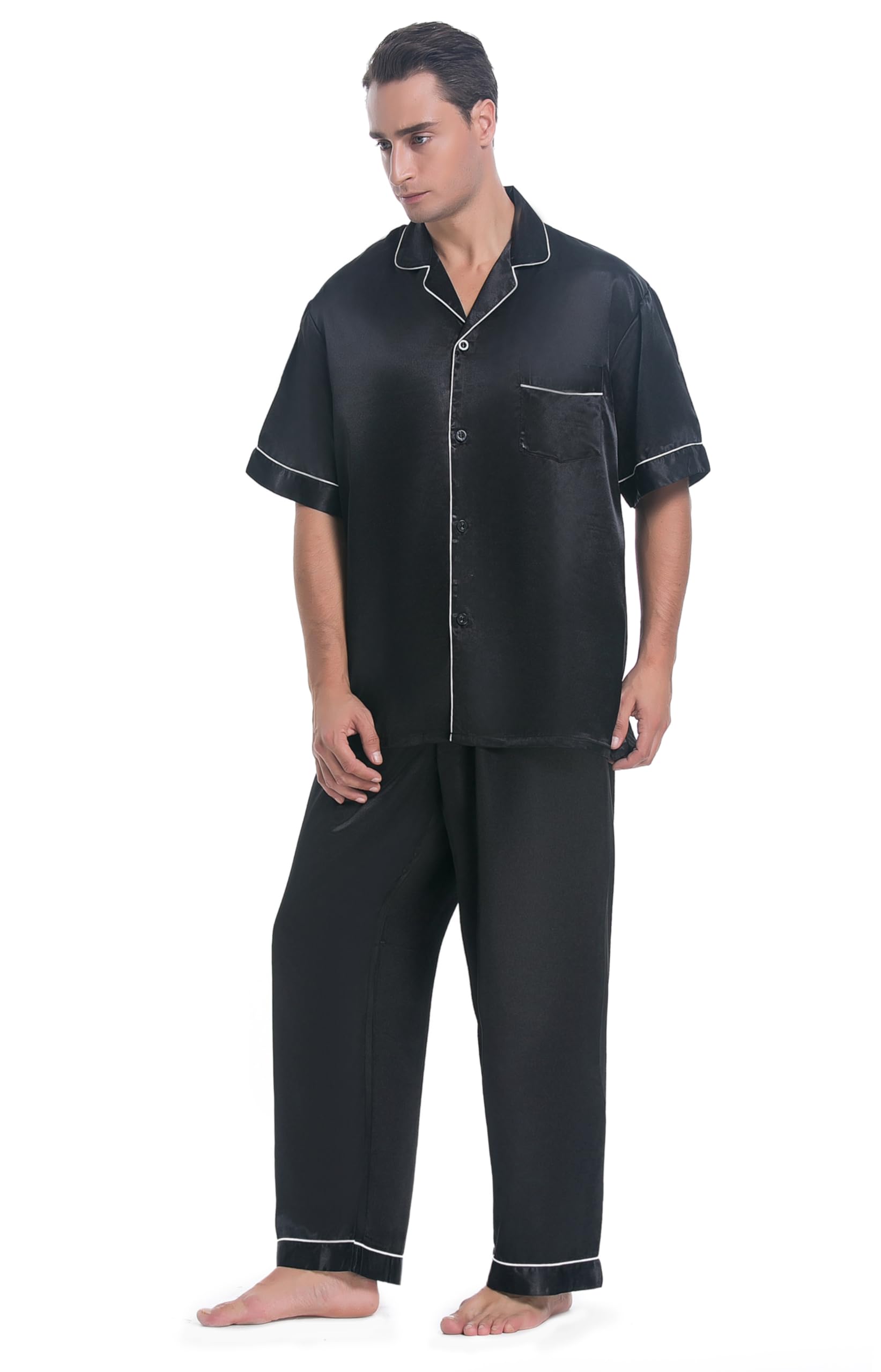 Lavenderi Men's Short Sleeve Silk Satin Pajama Set - Luxury Silky Sleepwear for Comfortable Nights & Relaxation - Perfect for Lounging, Sleepovers & Spa Days