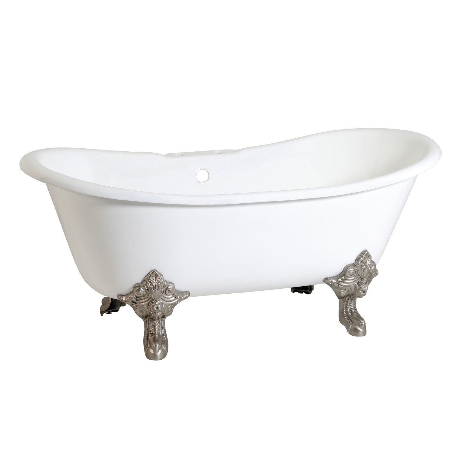 Aqua Eden 67 Inch White Cast Iron Clawfoot Bathtub with Brushed Nickel Faucet - Vintage Oval Double Slipper Tub for Luxury Bathroom & Spa Relaxation