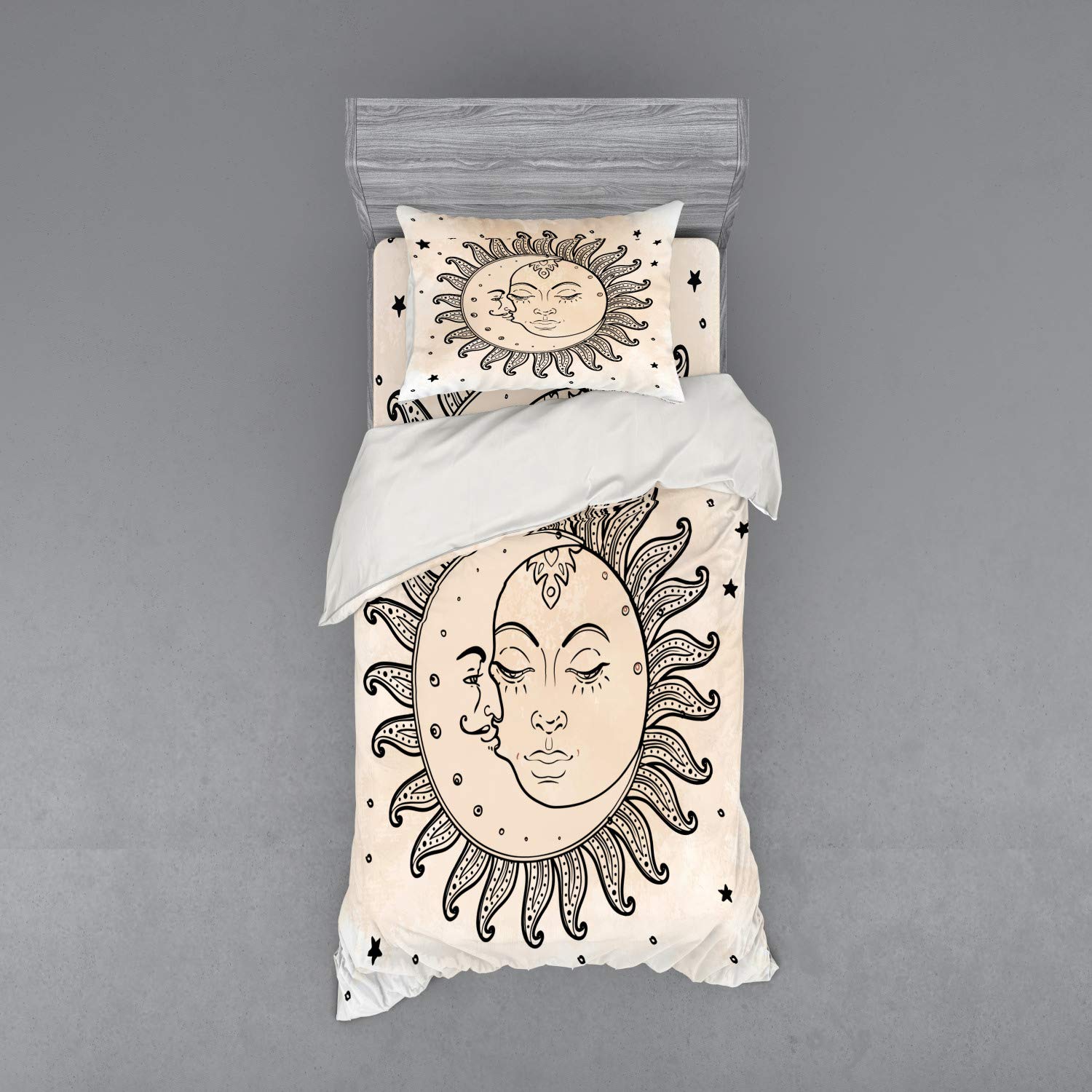 Ambesonne Sketchy Sun and Moon Celestial Bedding Set - 3 Piece Duvet Cover with Sham & Fitted Sheet, Twin Size, Charcoal Grey Tan - Mystical Inspired Bedroom Decor for Teens & Adults