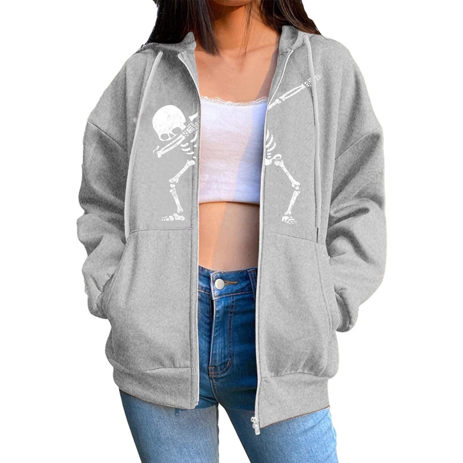 Women's Oversized Fleece Zip-Up Hoodie with Drawstring & Pockets - Long Grey Solid Print Sweatshirt for Casual Wear, Street Fashion & Loungewear