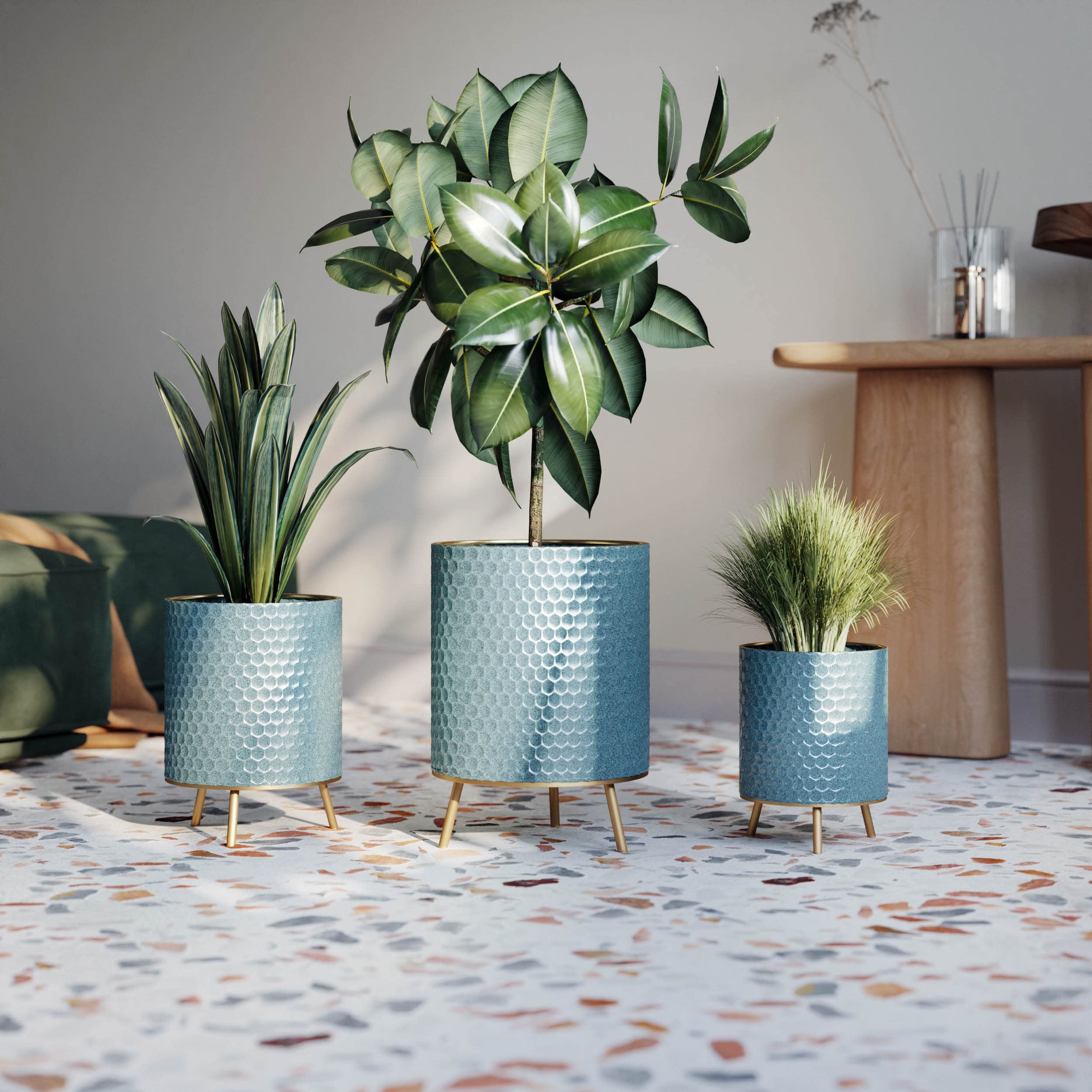 EverNest Mid-Century Modern Rhys Honeycomb Embossed Planter Pot with Nyra Gold Stand - Set of 3 Metal Indoor Plant Pots in Blue Green Bohemian Style for Living Room, Office & Home Decor