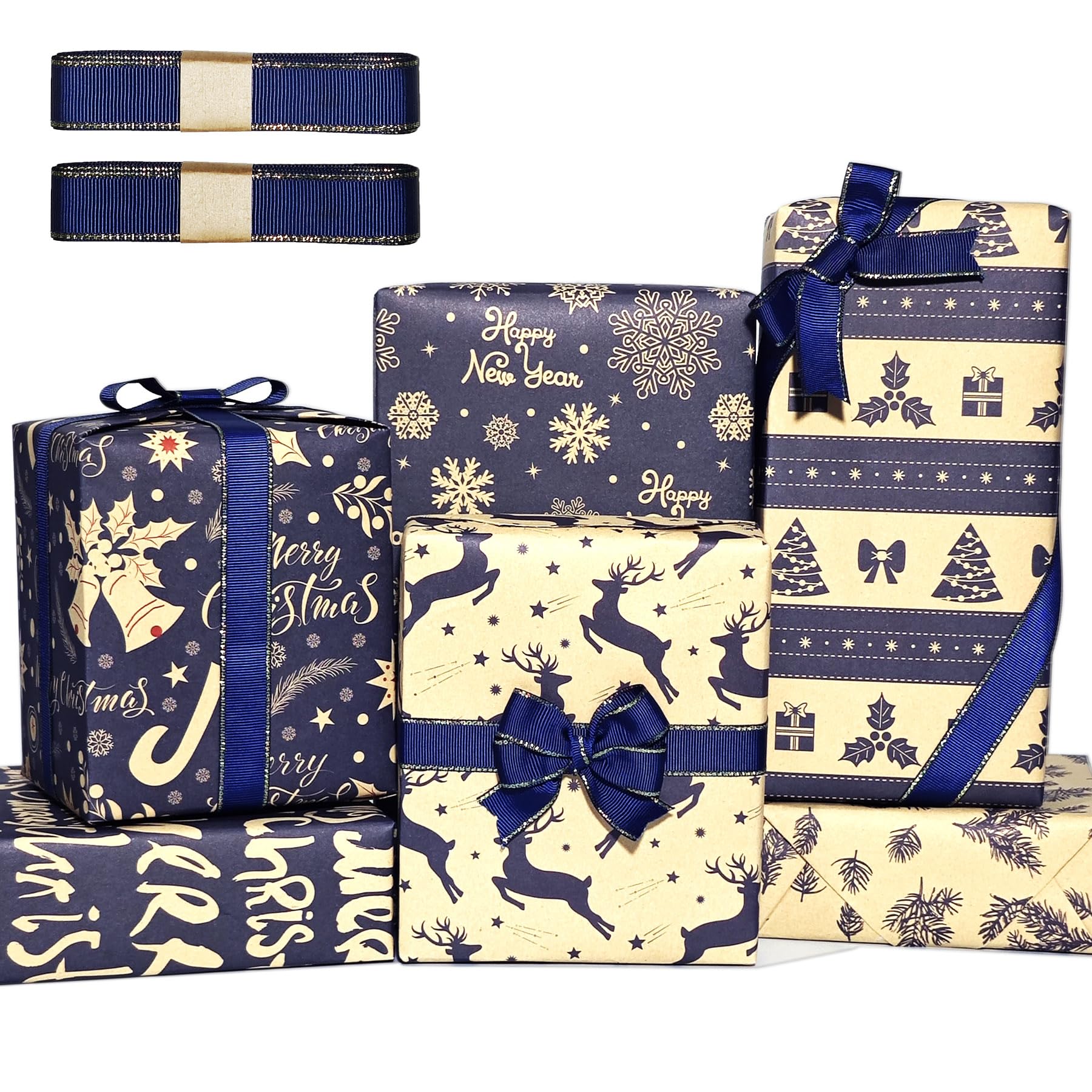 LIAPAWPAW 12-Sheet Christmas Wrapping Paper Set with Ribbon - Vintage Blue & Brown Kraft Holiday Gift Wrap with Snowflake Deer Patterns | Recyclable Thick Xmas Wrapping Paper for Christmas, New Year, Hanukkah | Perfect for Gift Wrapping Presents, Holiday Decorations & Party Supplies