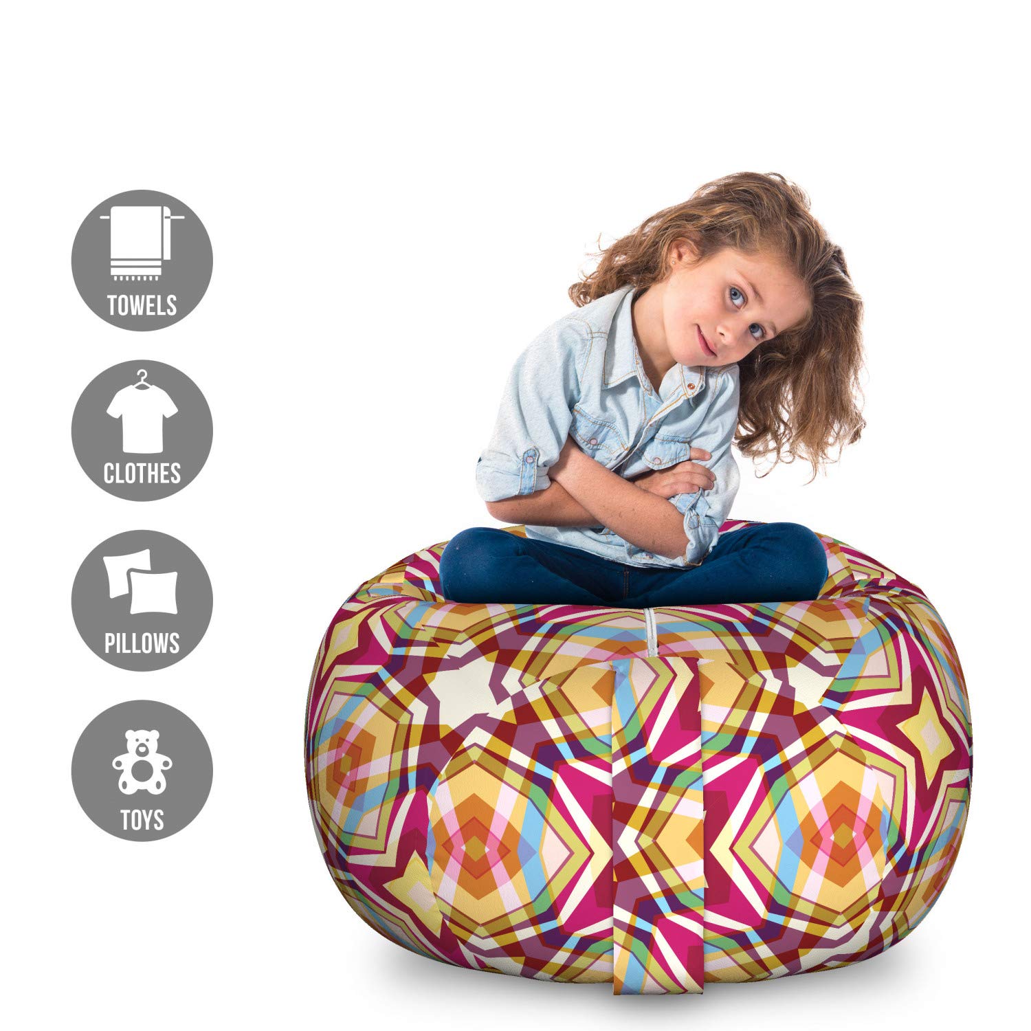 Ambesonne Abstract Storage Toy Bag Chair - Large Washable Stuffed Animal Organizer with Vibrant Star Stripy Pattern | Retro Modern Home Decor for Kids' Room, Playroom & Nursery Organization