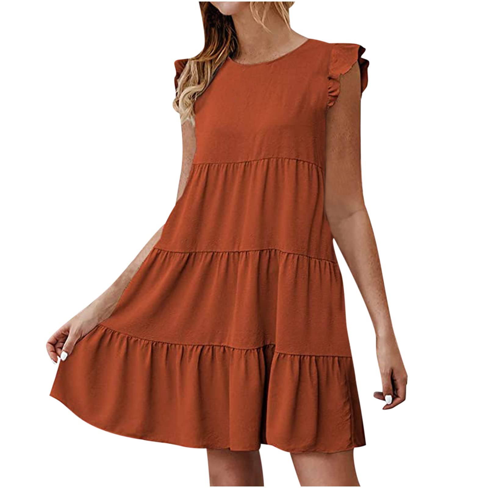 Women's Summer Casual Sleeveless Floral Ruffle Mini Dress - Crew Neck Loose Flowy Short Dress for Beach, Vacation & Outdoor Parties