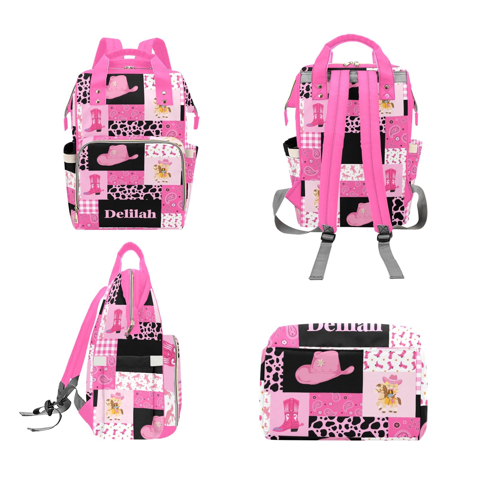 Custom Cowgirl Pink Quilted Diaper Bag Backpack - Personalized Baby Shower Gift for Moms, Trendy & Functional Diaper Tote for Travel, Outings & Everyday Use