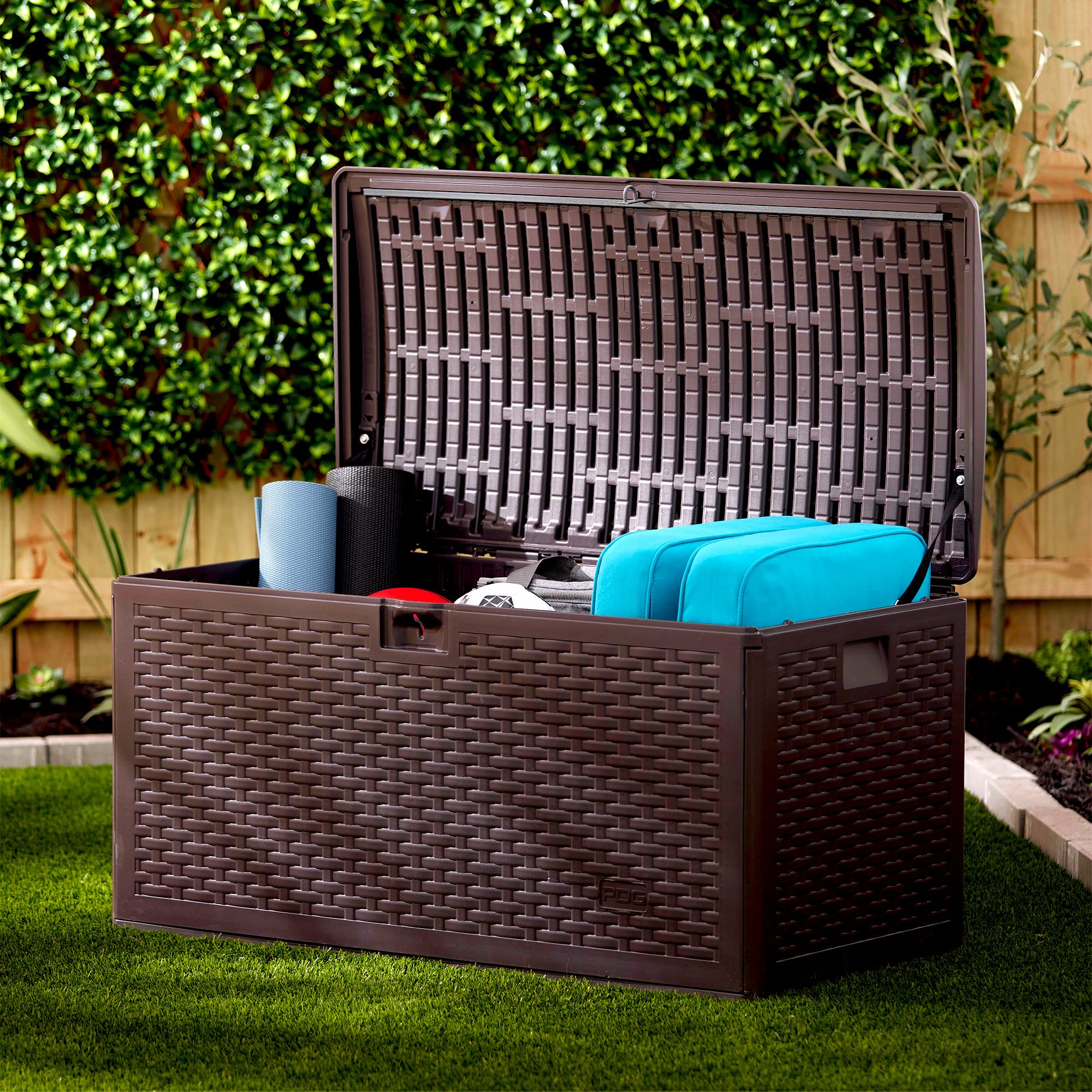 Outdoor Storage Deck Box 73 Gallon with Standard Closure - Durable Plastic Deck Box for Patio, Garden & Backyard Organization - Weatherproof Java Brown Deck Storage Container