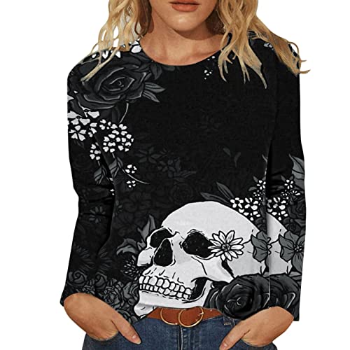Women's Halloween Casual Printed O-Neck Long Sleeve T-Shirt Blouse - Comfortable Plain Shirt for Women (Black, Large) - Perfect for Halloween Parties, Costume Events & Everyday Fall Fashion