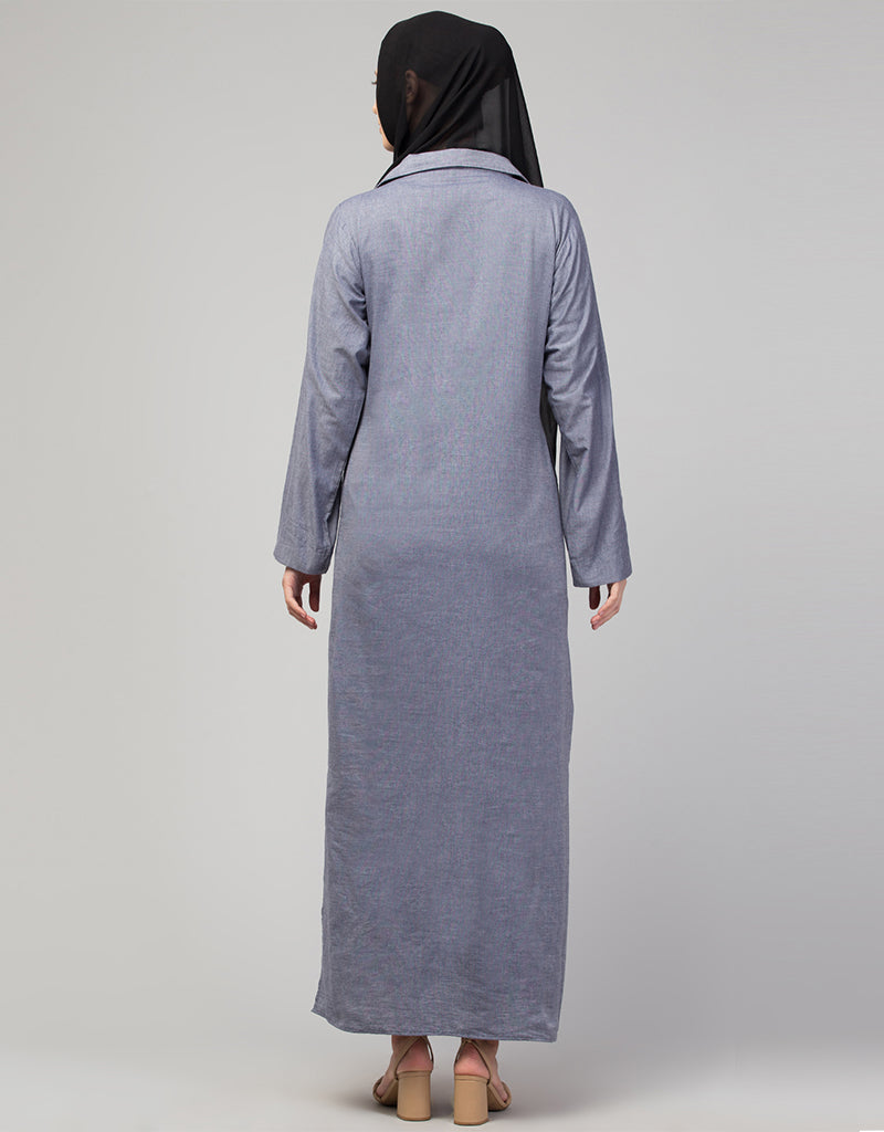 Sky Blue Arabic Abaya with Self-Fabric Buttons & Coat Collar - Modest Islamic Dress for Prayer, Mosque & Special Occasions
