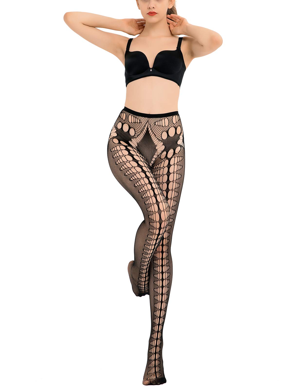 HONENNA Women's Black Patterned Fishnet Tights - 1 to 6 Pairs Pack | Stylish Sheer Pantyhose Stockings for Party, Halloween, Cosplay & Night Out