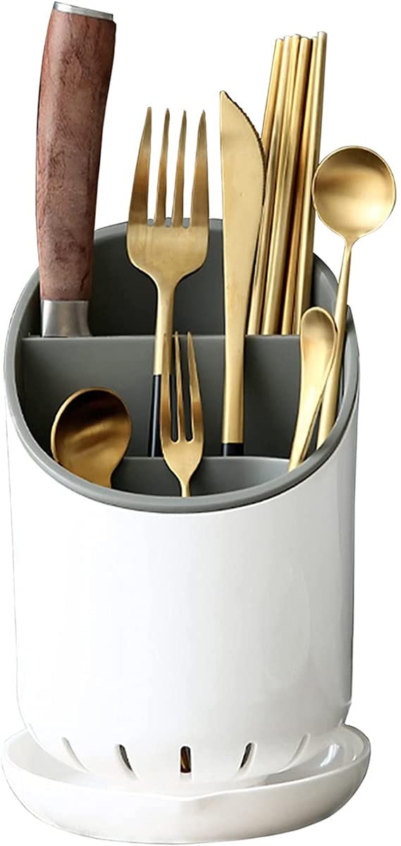 Stainless Steel Knife Holder for Kitchen Countertop - Plastic Utensil Organizer with Removable Divider & Drain Holes - Perfect for Knives, Forks, Spoons (Grey) - Ideal for Home Cooking & Restaurant Use