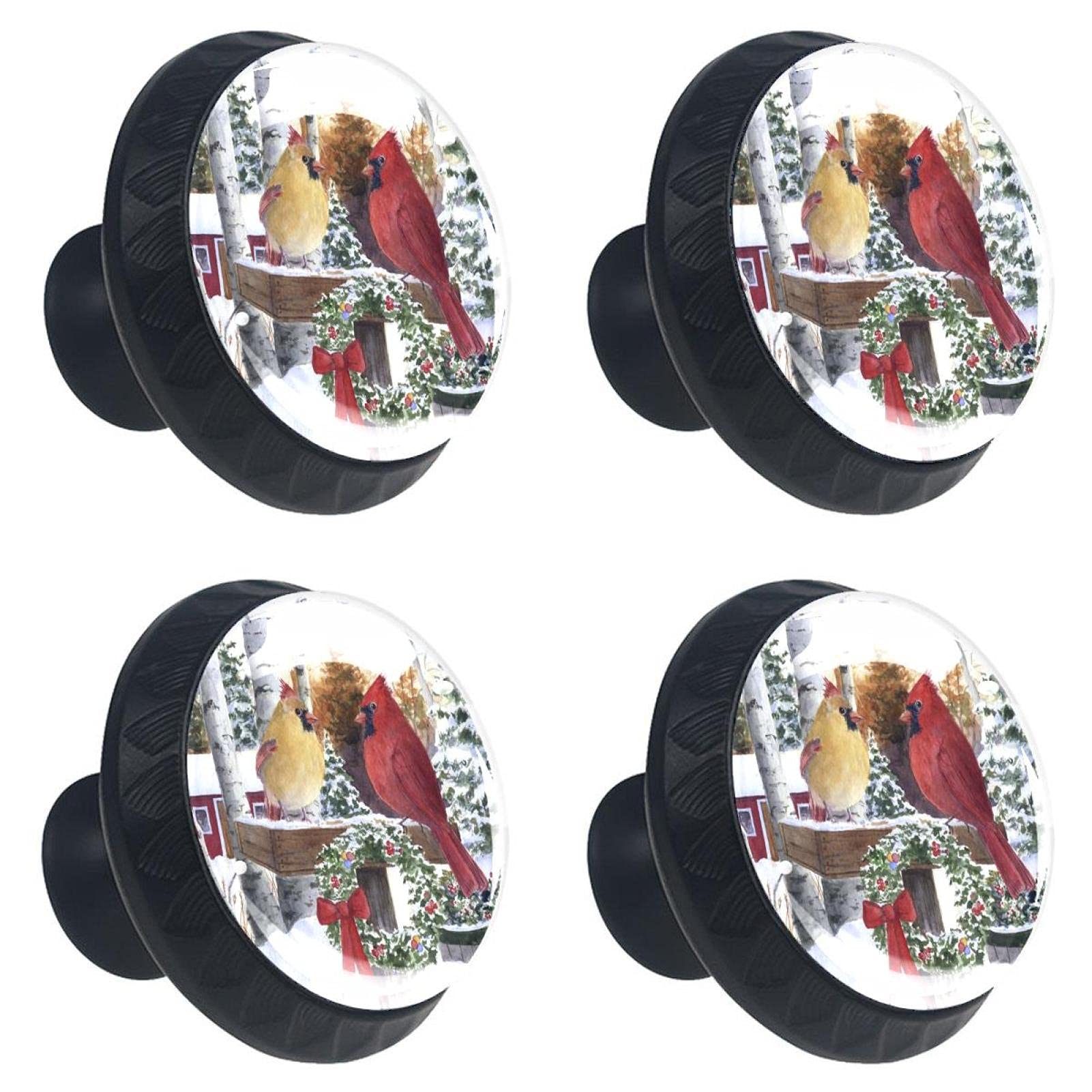 Christmas Cardinal Couple Kitchen Cabinet Knobs - 1.18 Inch Round Drawer Handles - 4 Pack Cabinet Hardware for Kitchen, Bathroom & Furniture (Perfect for Holiday Decor & Home Renovation)