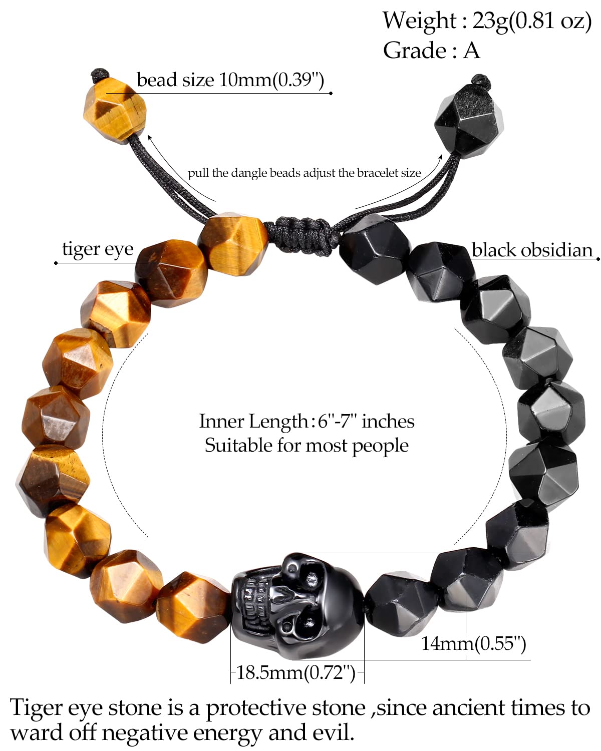 Jewever Tiger Eye & Black Obsidian Skull Bracelet - 10mm Healing Stone Beads for Women & Men - Energy Balancing, Chakra Protection - Perfect for Meditation, Yoga & Spiritual Healing