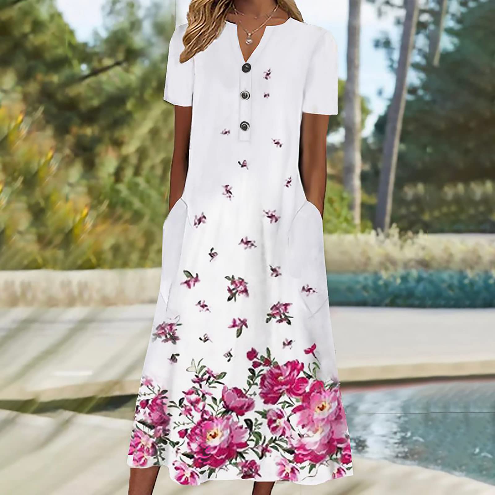 Floral Midi Dress for Women 2025 - Summer & Spring Casual Pleated T-Shirt Dress with Pockets | Perfect for Beach Vacations, Brunch Dates & Outdoor Parties
