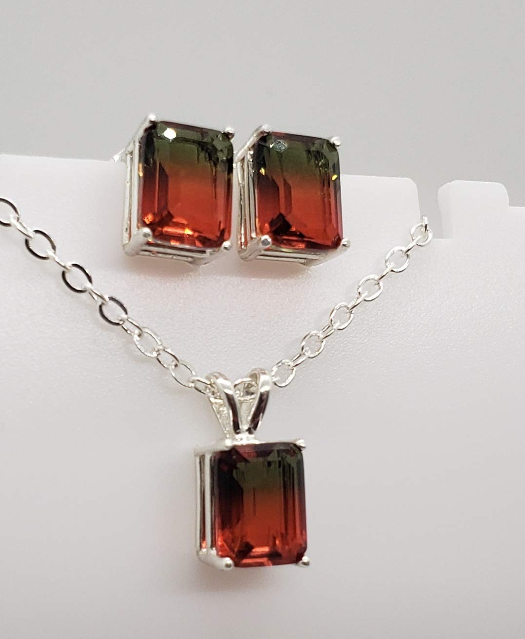 Watermelon Tourmaline Sterling Silver Earring and Necklace Set - Dainty Jewelry Gift for Women, Birthstone Jewelry for August - Perfect for Weddings, Parties & Everyday Wear
