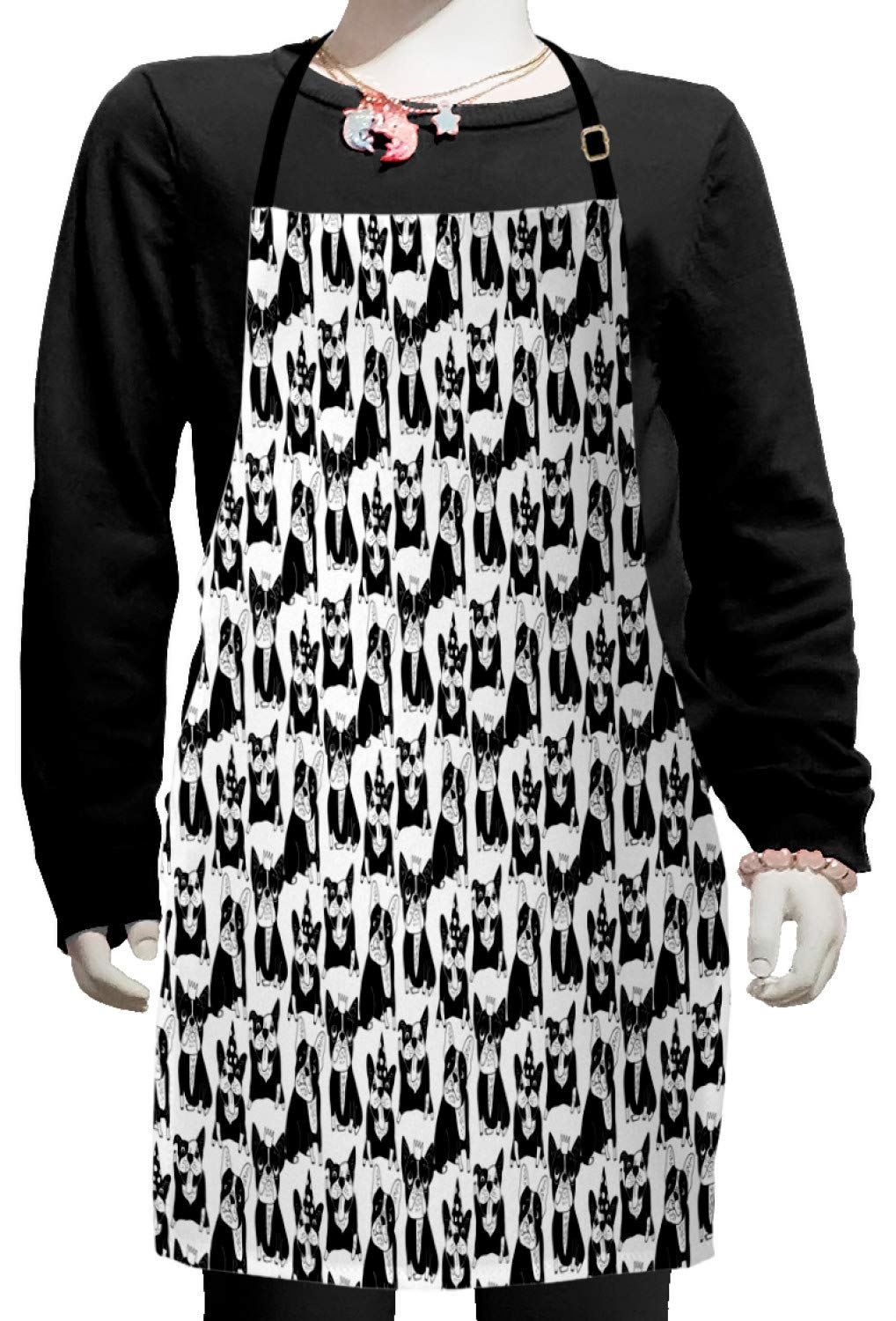 Ambesonne Bulldog Apron - Fun Doodle Style with Playful Pets in Party Hats, Adjustable Bib Apron for Baking, Painting & Cooking - Black & White Small Size - Perfect for Home Chefs, Artists & DIY Enthusiasts