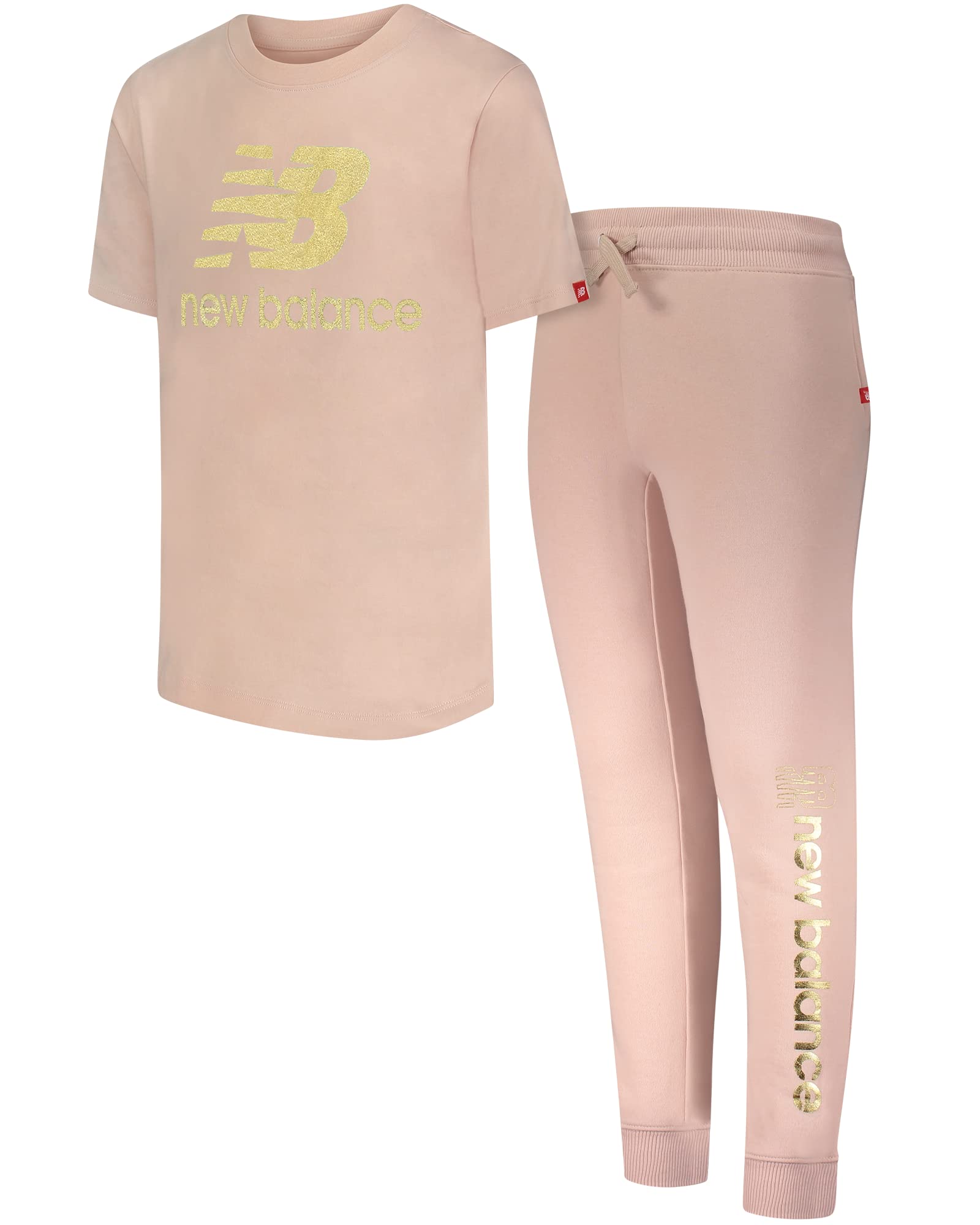 New Balance Girls' Jogger Set - Breathable Short Sleeve Performance T-Shirt & Comfortable Sweatpants for Running, Gym & Casual Wear (Sizes 7-16)