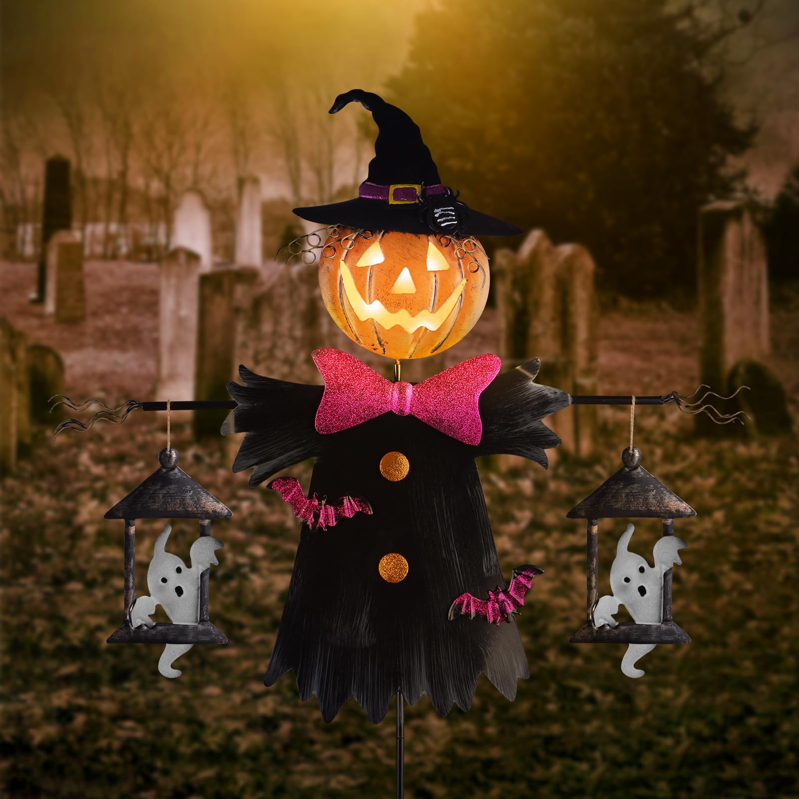 Solar-Powered Scarecrow Jack O' Lantern Halloween Decor - Metal Iron Outdoor Yard Stake Light for Garden, Farmhouse, Patio - Weatherproof Pathway Lighting for Spooky Halloween Nights