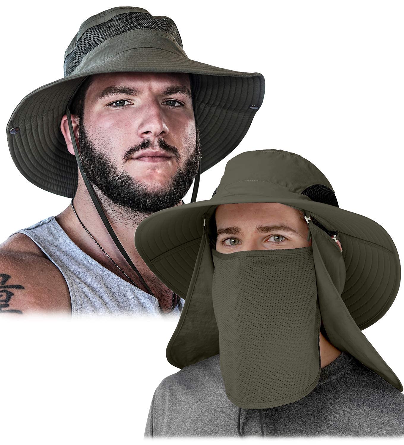 GearTOP UPF 50+ Sun Hat for Men - Wide Brim Explorer Hat with Neck Flap & Adjustable Chin Strap - Outdoor Hiking, Fishing, Beach, Gardening Sun Protection Hat