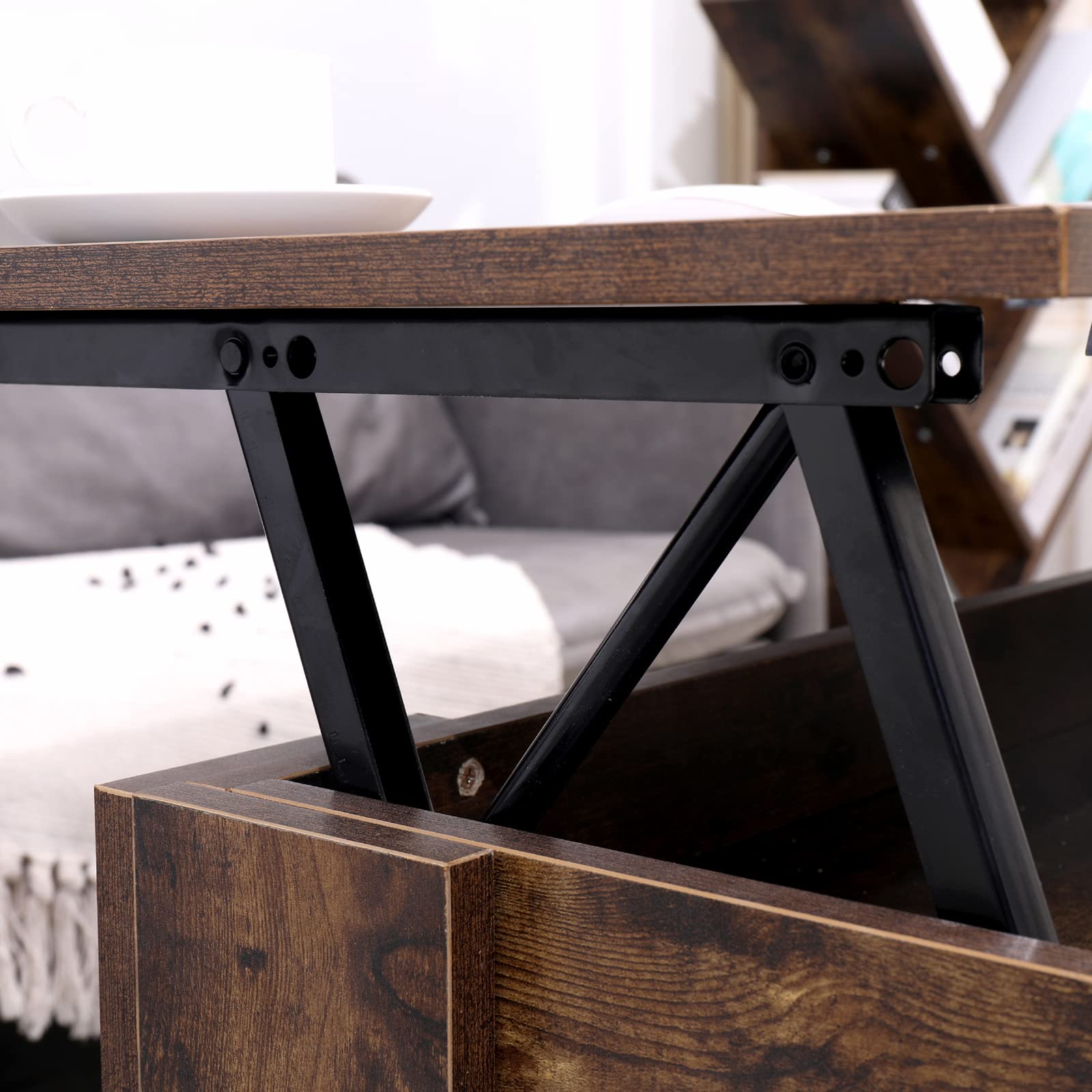 Lift Top Coffee Table with Hidden Storage Compartment & Shelf - Adjustable Height Rustic Brown End Table for Living Room, Reception, Office & Small Spaces - Perfect for Remote Work, Entertaining & Home Organization