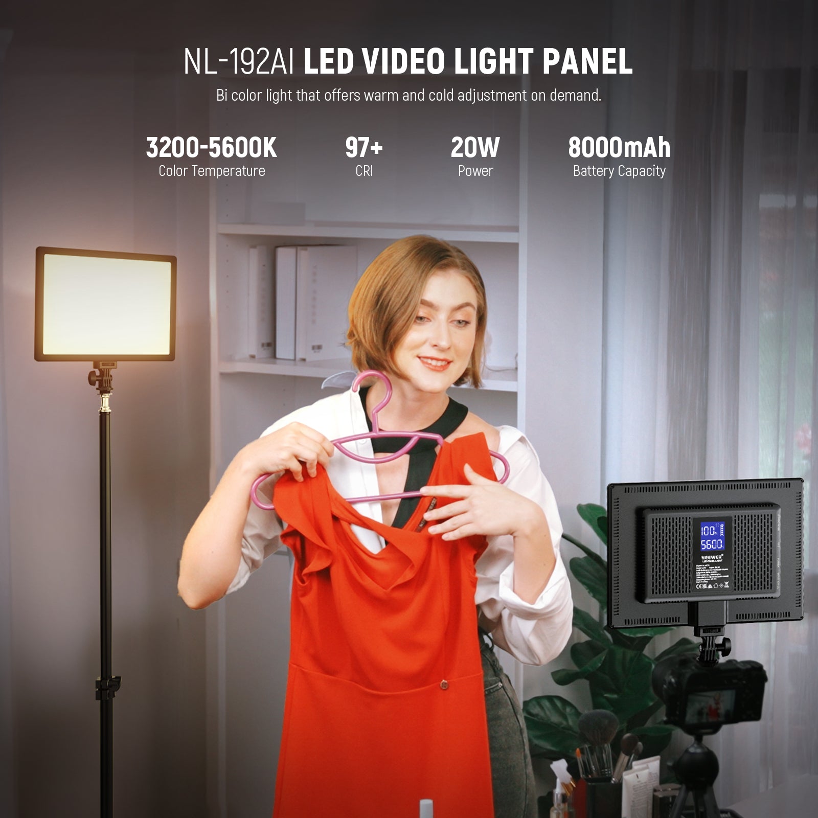 NEEWER NL 192AI Bi-Color LED Panel Light with Adjustable Brightness & Color Temperature - Perfect for Photography, Videography, and Studio Lighting