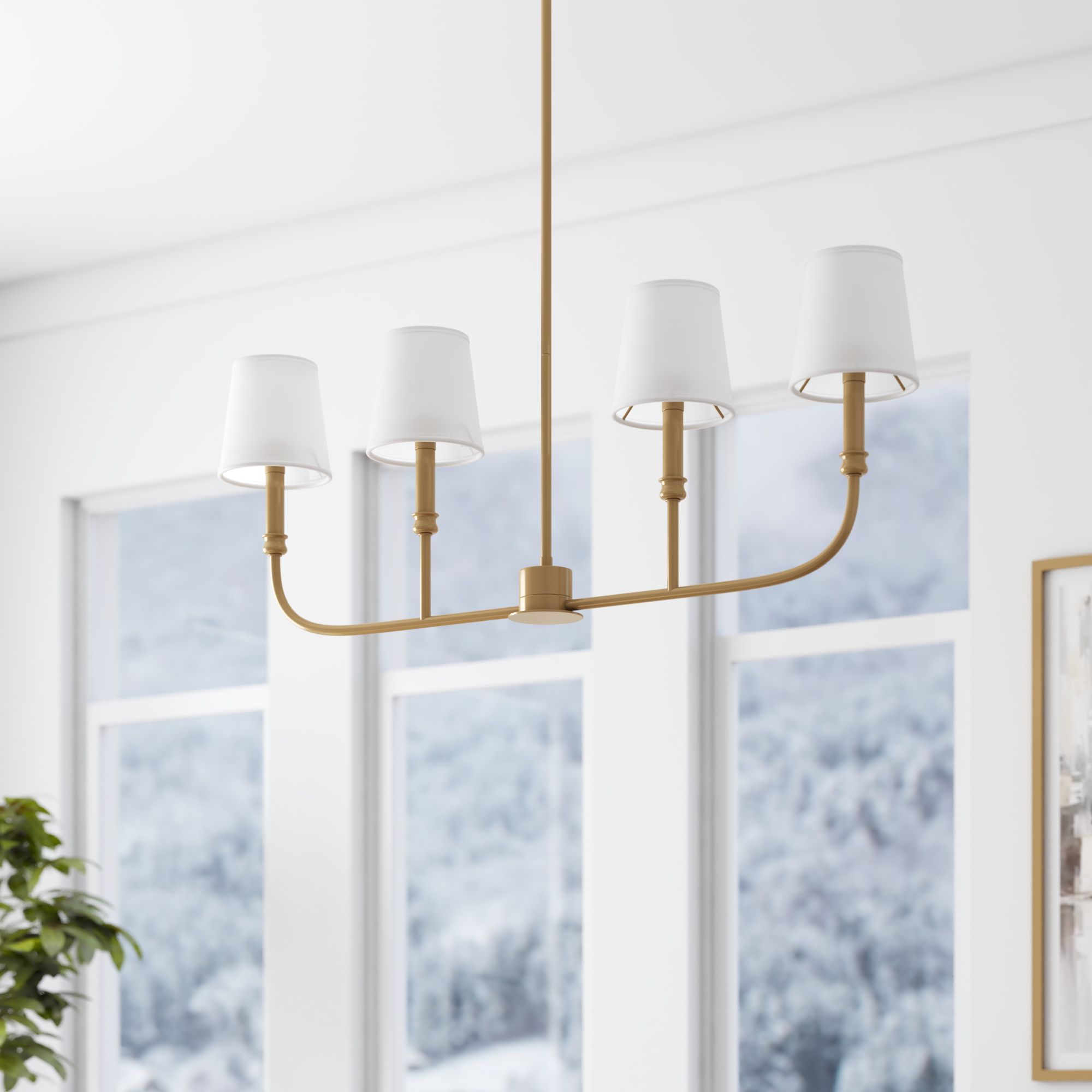 4-Light Billet Linear Chandelier with Brushed Gold Finish & Fabric Shades - Modern Dining Room Pendant Lighting for Kitchen Island, Bedroom or Entryway