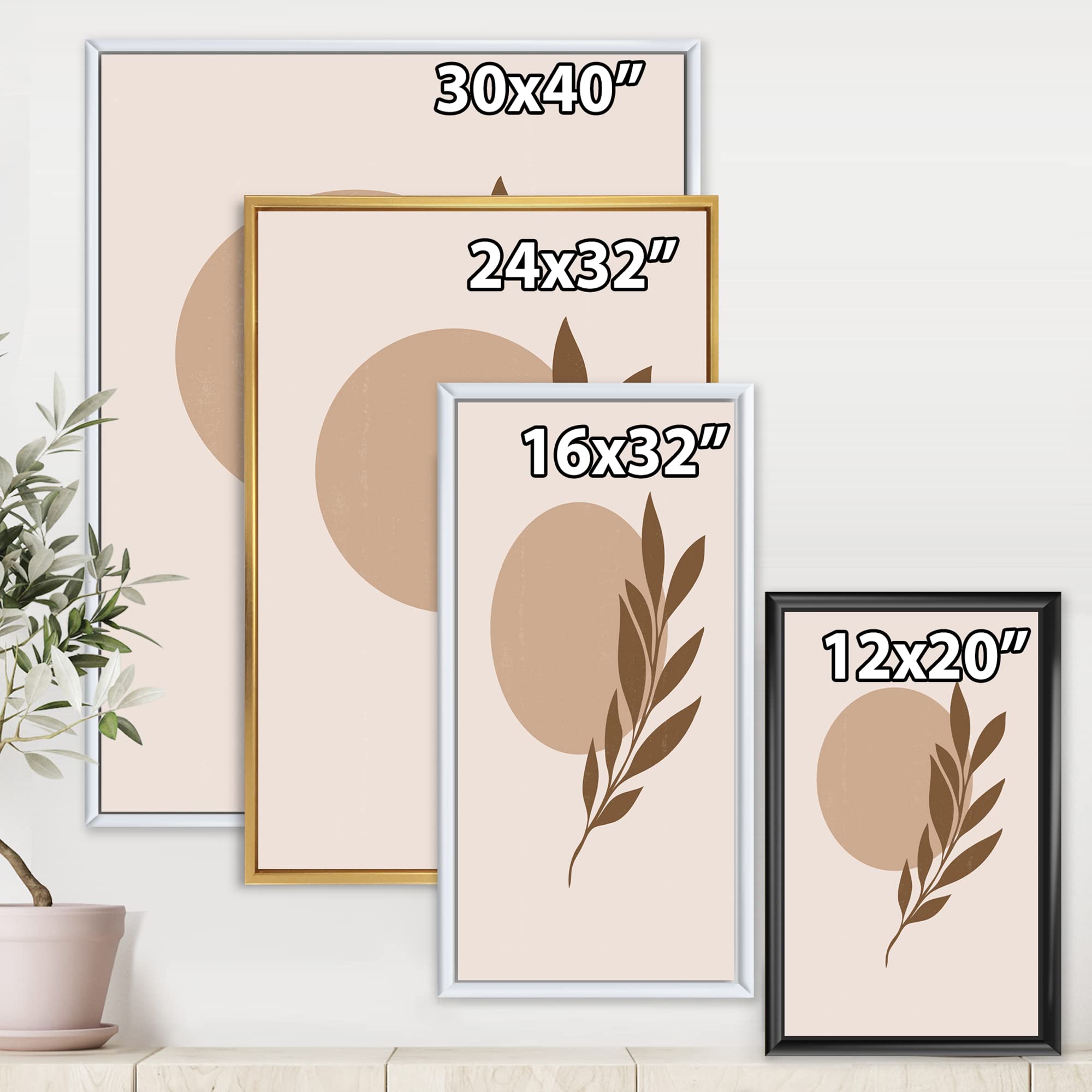 Abstract Terracotta Sun & Moon With Tropical Leaf - Modern Framed Canvas Wall Art Print for Living Room, Bedroom & Office Decor | Home Wall Decoration | Unique Gift Idea