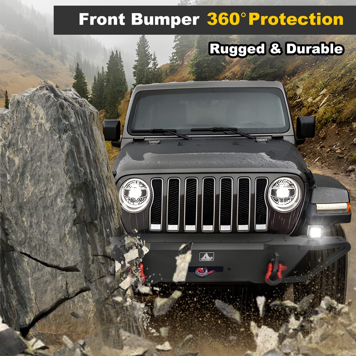 NIXON OFFROAD Heavy Duty Front Bumper Combo for 2007-2018 Jeep Wrangler JK & Unlimited - Winch Ready with Plate Mounting, 2 D-Rings & 2 LED Lights - Textured Black Powder Coated Full Width Steel Rock Crawler Off-Road Bumper - Perfect for Trail Riding, Rock Crawling & Overland Adventures