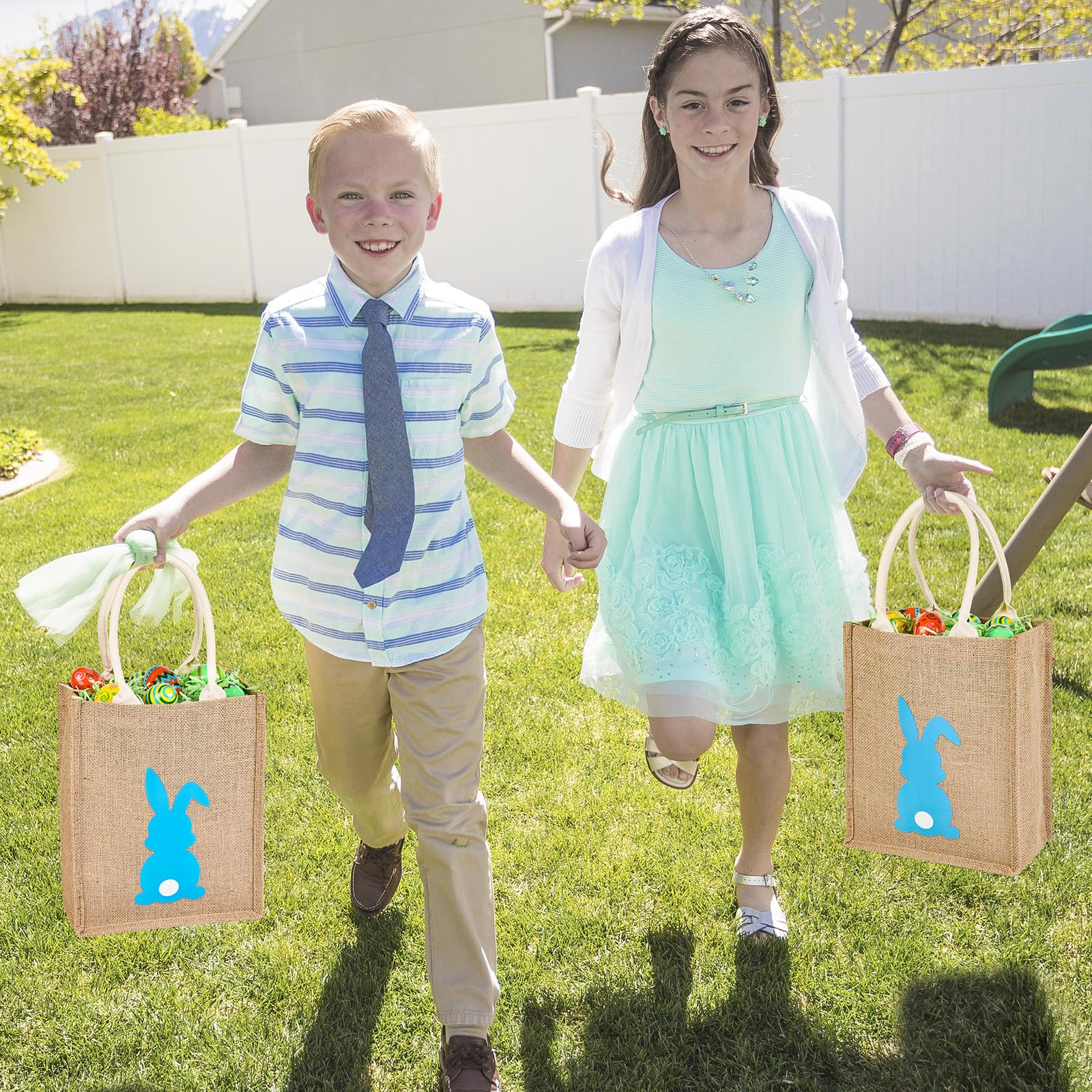 ATFUNSHOP Easter Tote Bag for Kids - Reusable Blue Bunny Basket for Egg Hunt, Easter Party & Spring Celebration - Durable Linen Easter Gift for Boys & Girls